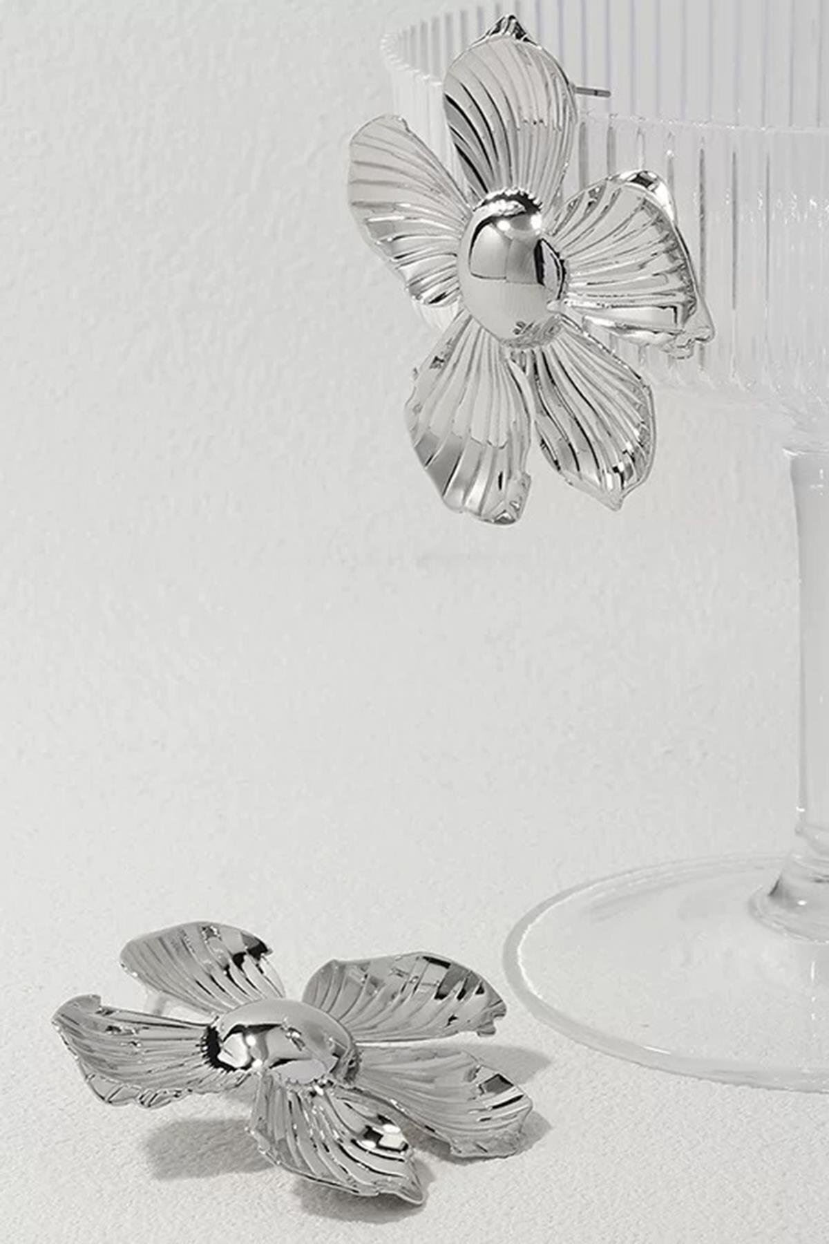 Gümüş Büyük Flower Çiçek Kadın Küpe, Çok Hafif