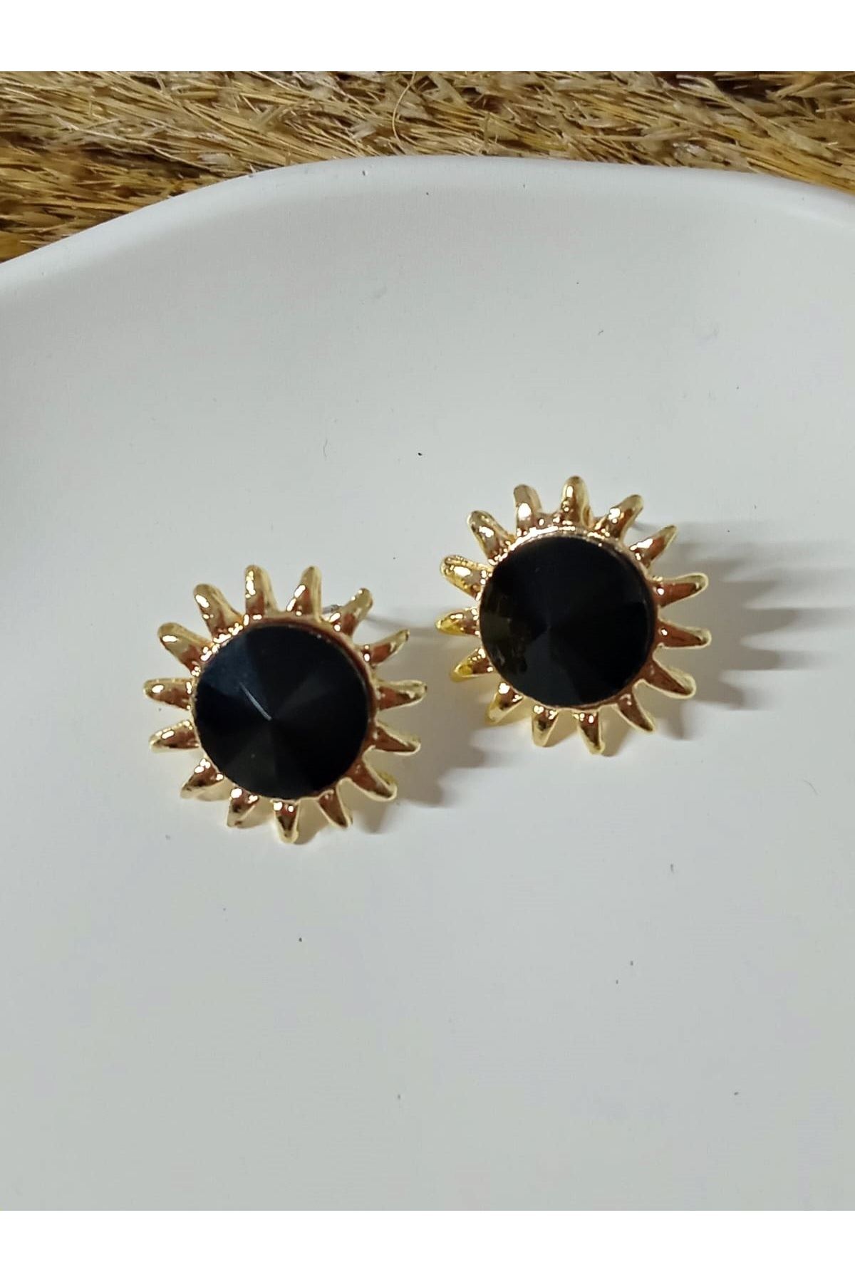Siyah Taşlı Güneş Abiye Günlük Kadın Küpe