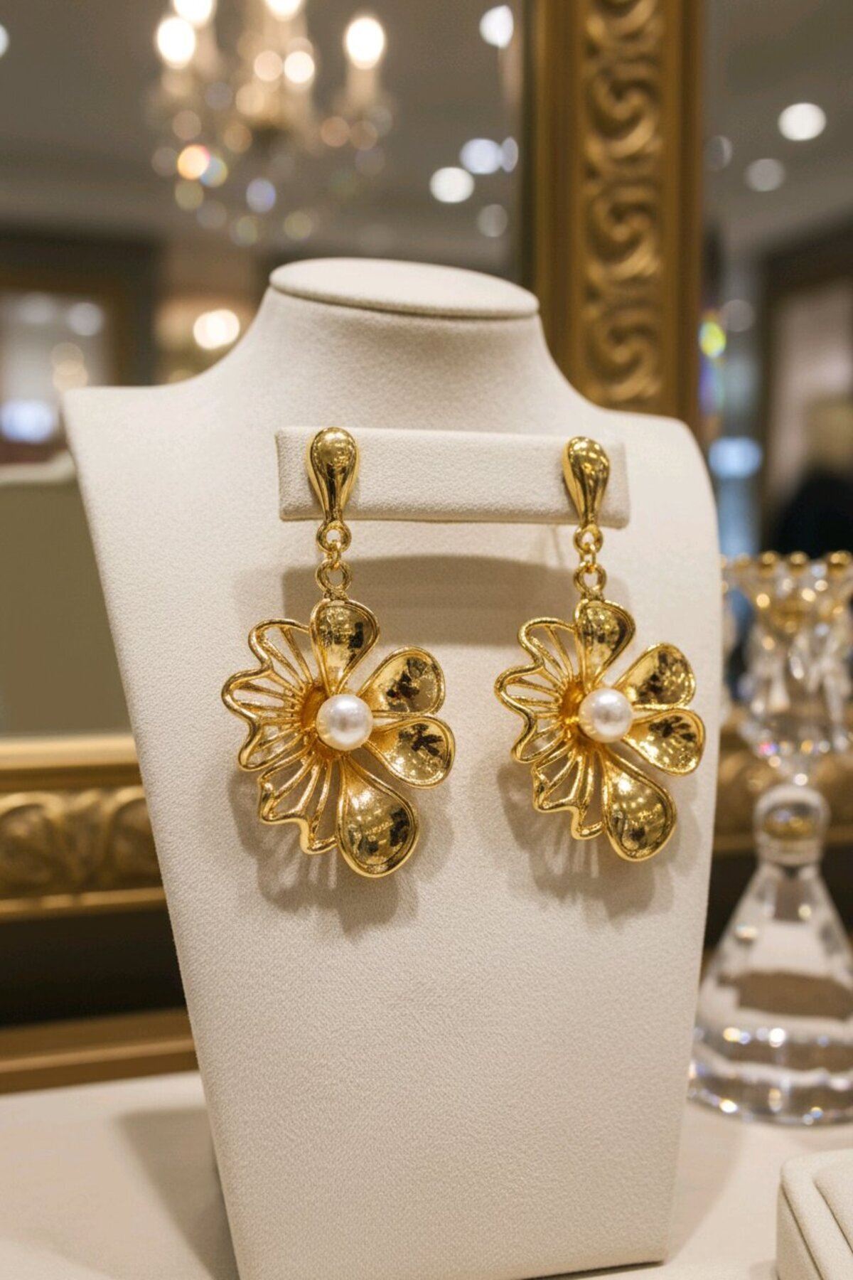 Gold İncili Çiçek Küpe
