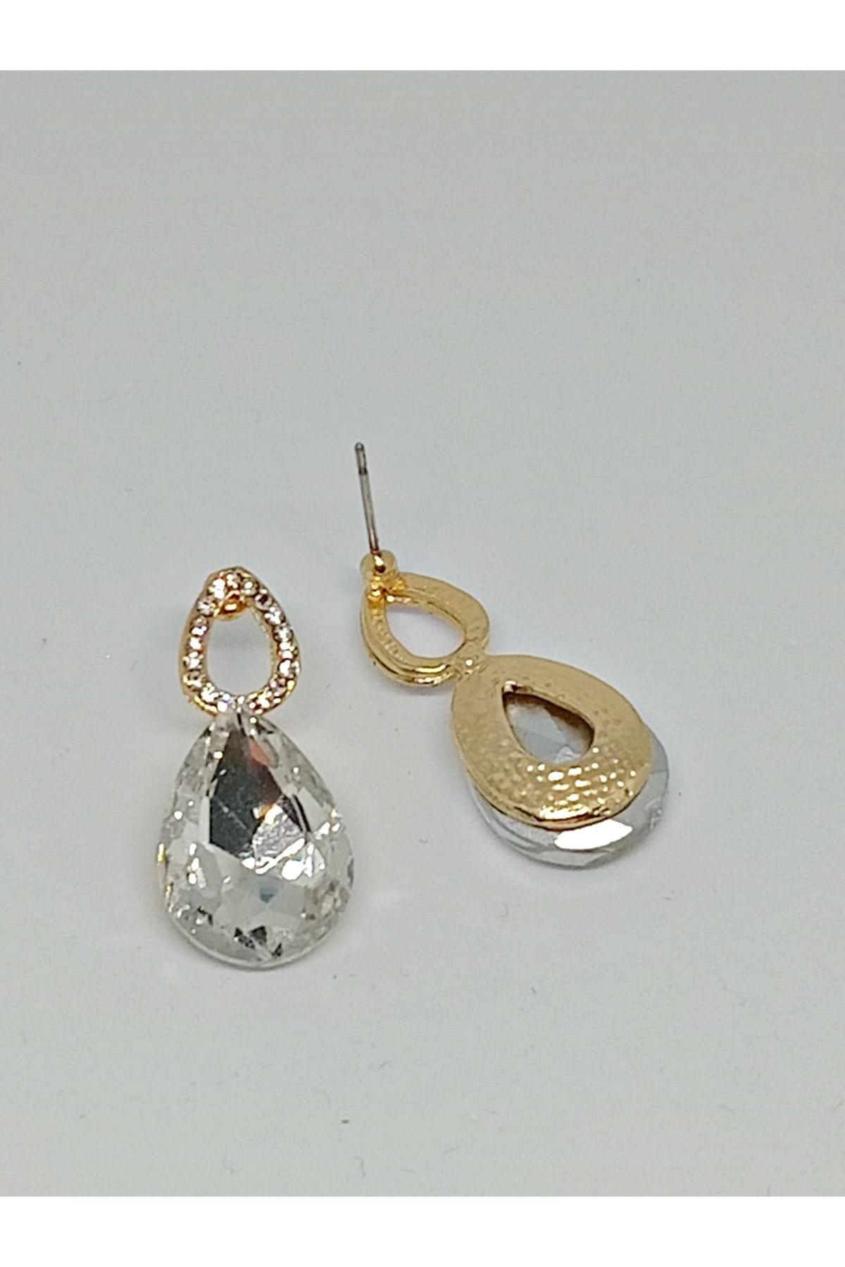 Beyaz Taşlı Damla Gold Kadın Küpe