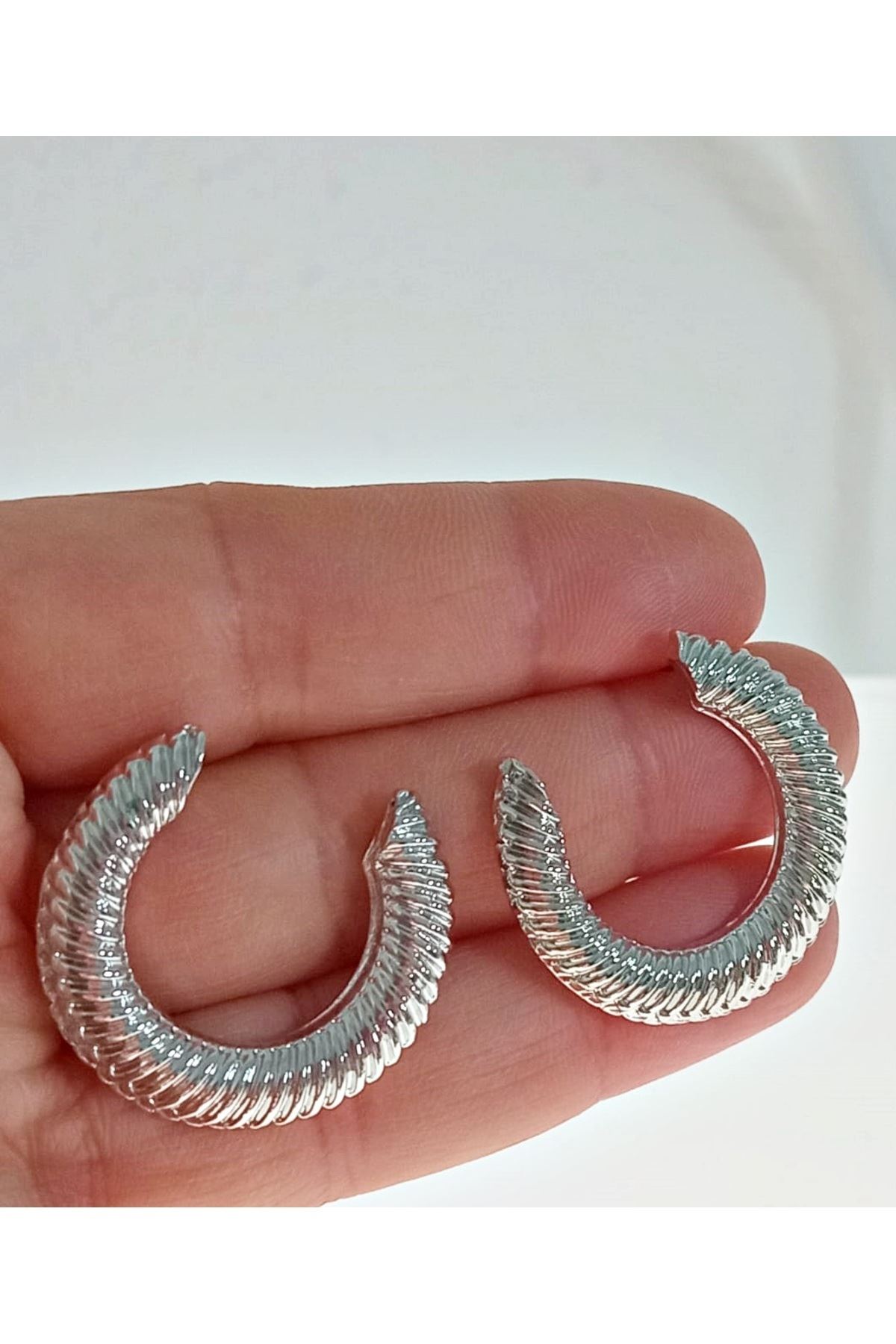 Gümüş Çizgi Detaylı Halka Kadın Küpe