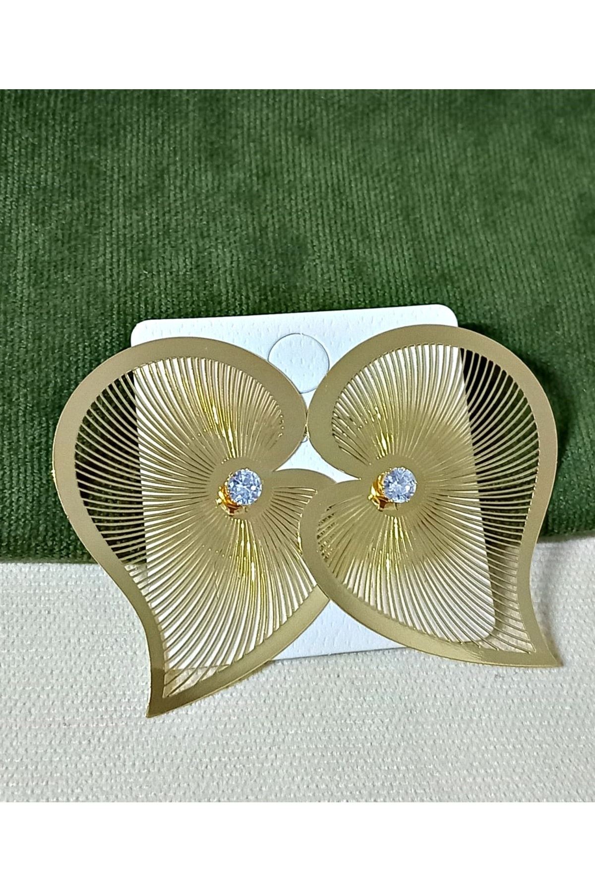 Gold Kalp Taşlı Şık Çok Hafif Büyük Kadın Küpe