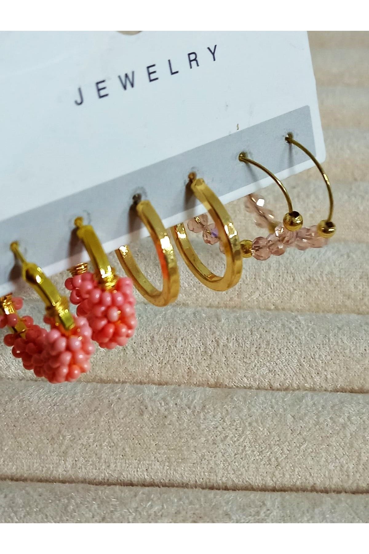 3 Çift Somon Rengi Gold Halka Küpe Seti