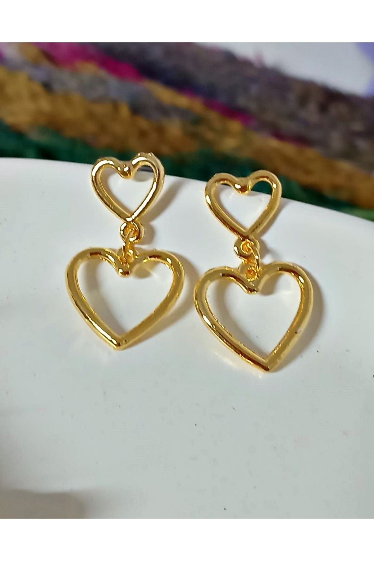 Gold Çift Kalp Sallantılı Şık Kadın Küpe