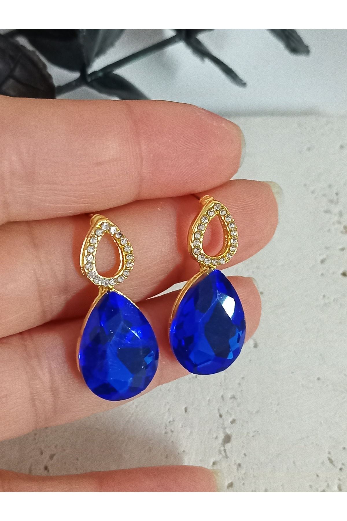 Lacivert Taşlı Damla Gold Kadın Küpe