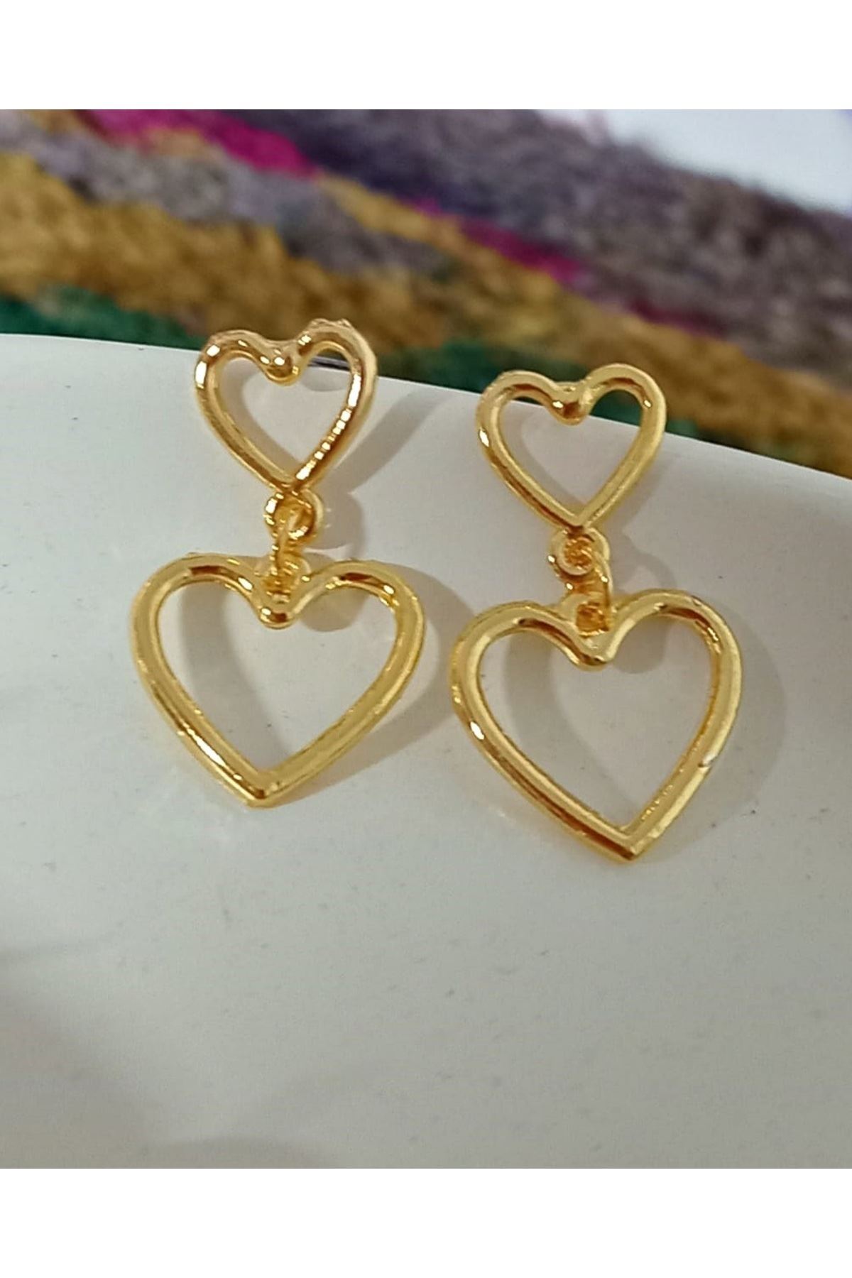Gold Çift Kalp Sallantılı Şık Kadın Küpe