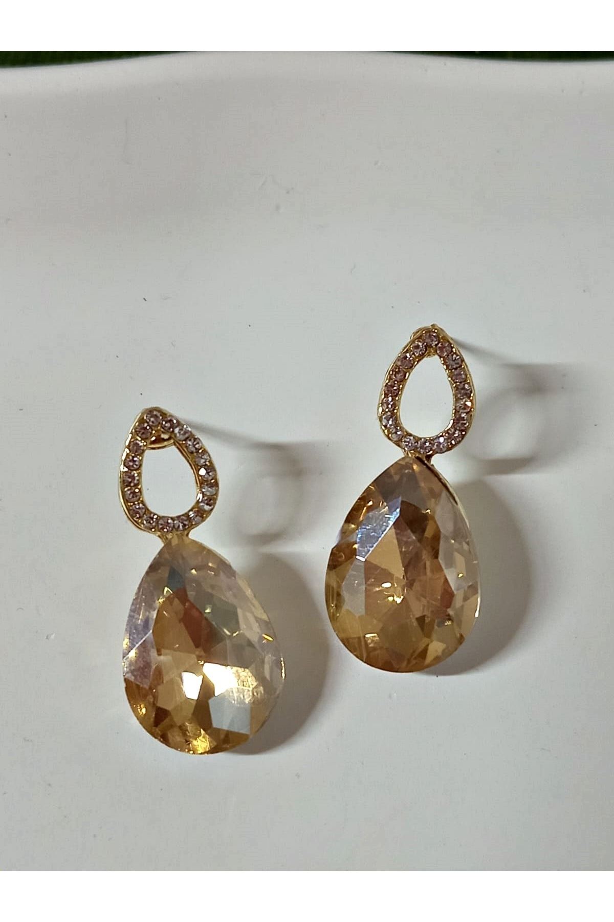 Bal Rengi Taşlı Damla Gold Kadın Küpe