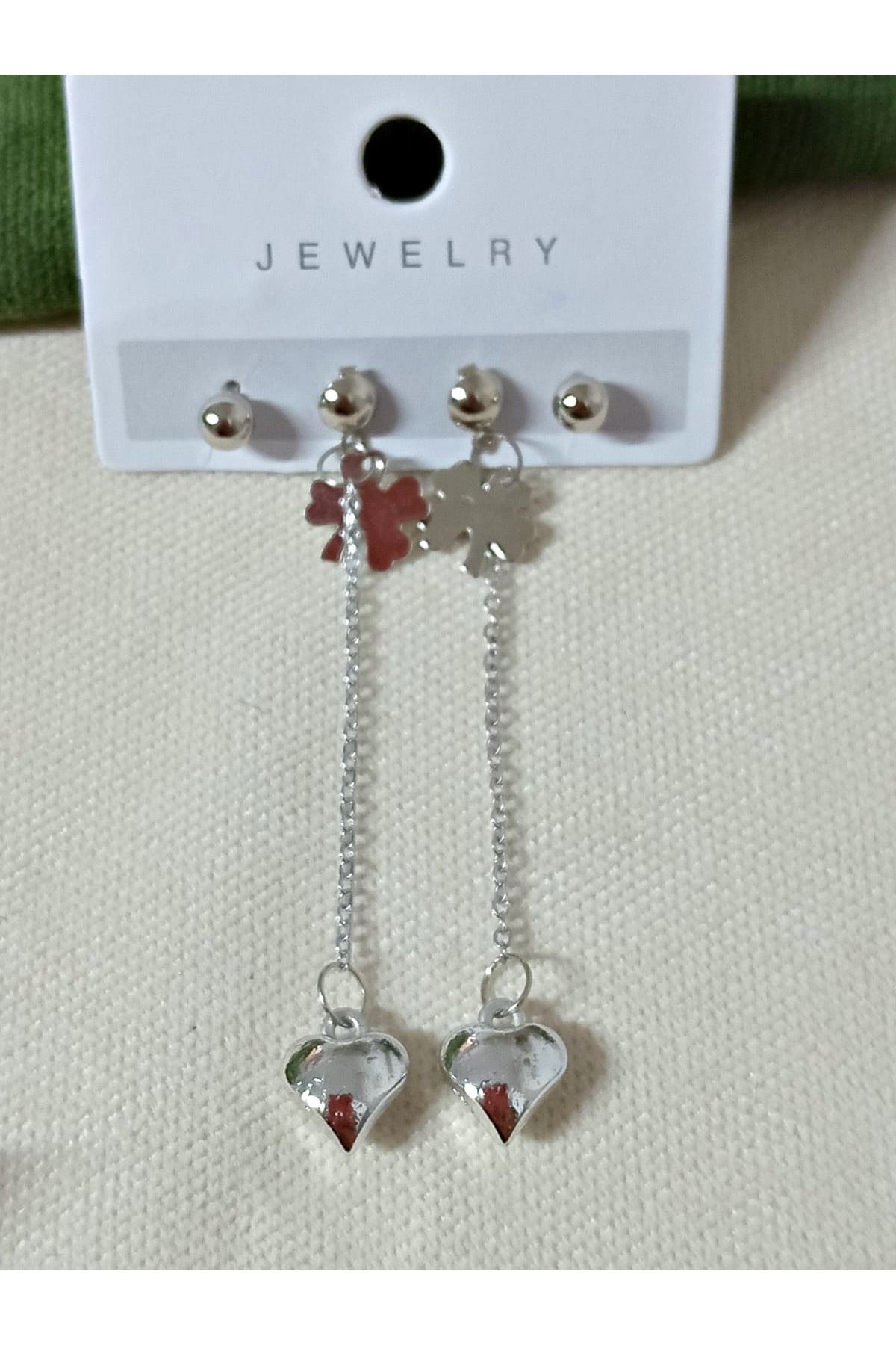 Gümüs 4 Lü Set Kalp Uçlu Sallantılı Küpe Seti
