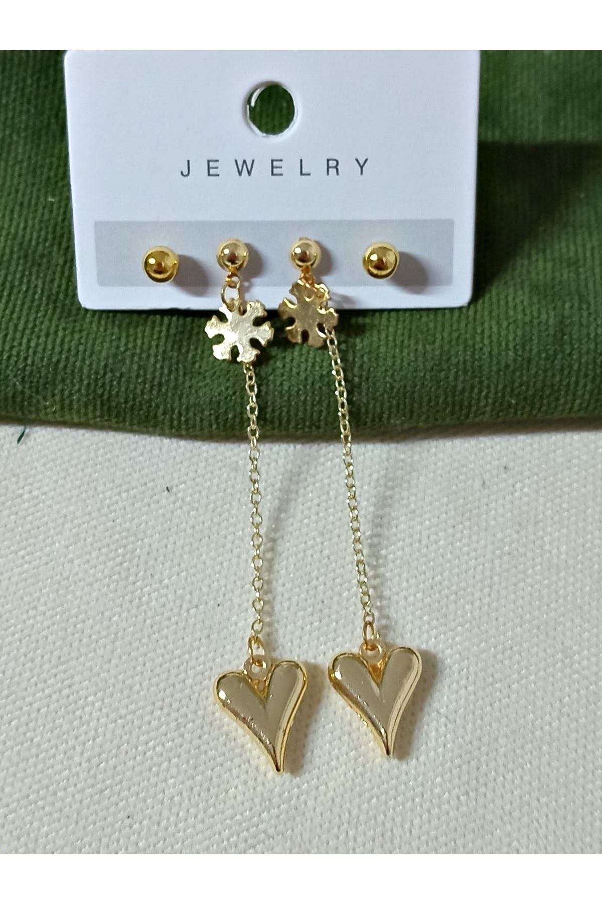 Gold 4 Lü Set Kalp Uçlu Sallantılı Küpe Seti