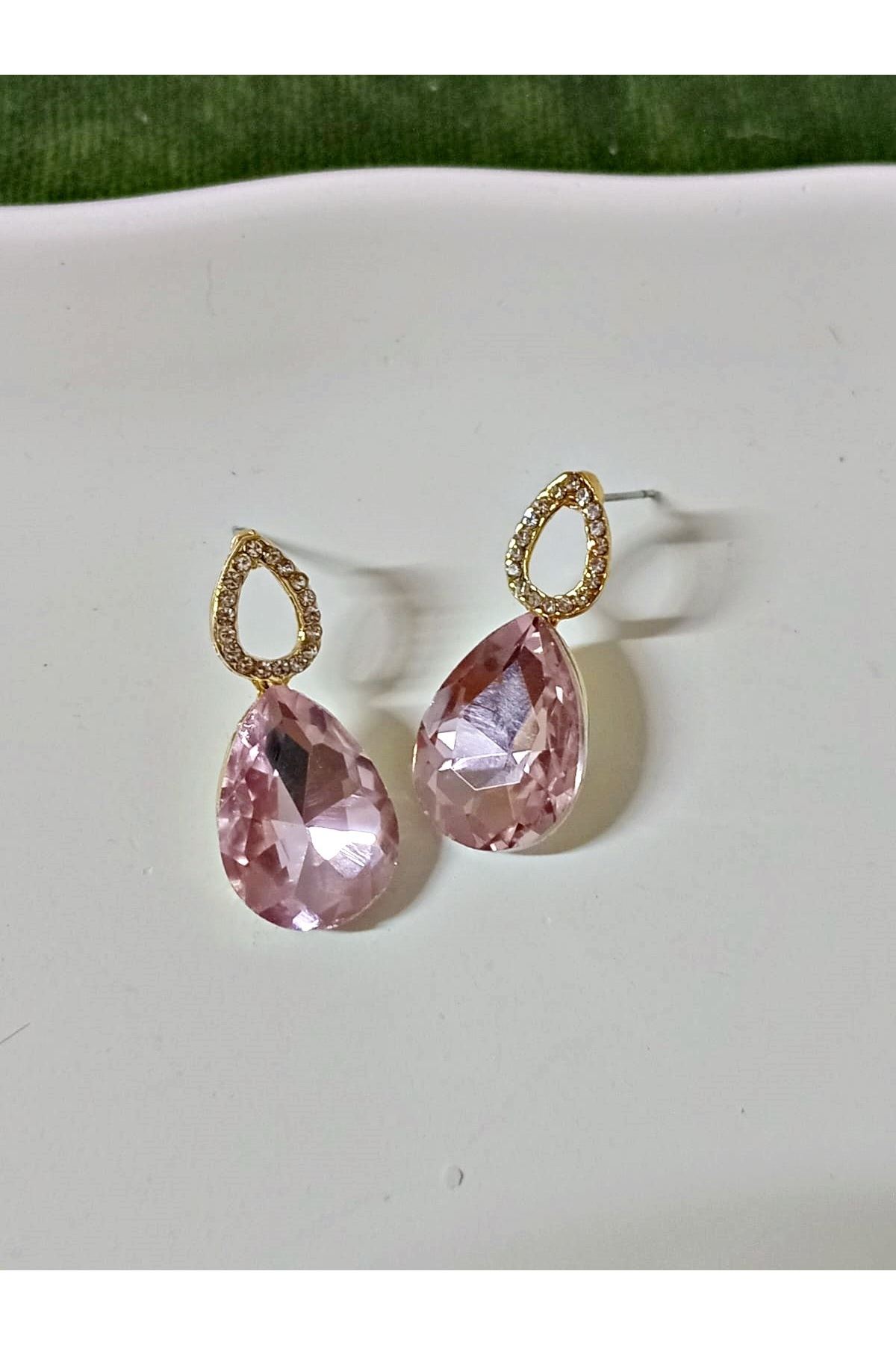 Pembe Taşlı Damla Gold Kadın Küpe