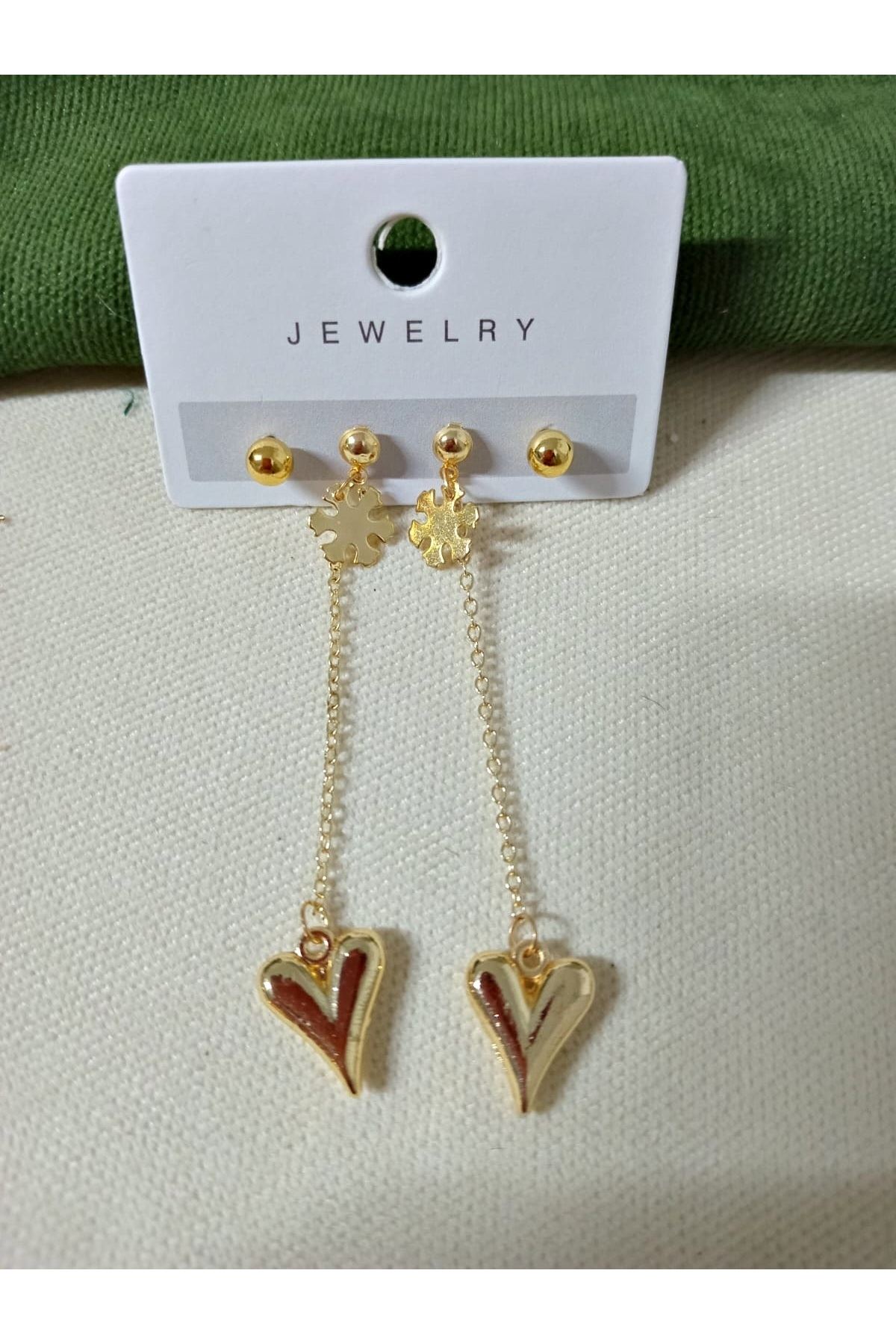 Gold 4 Lü Set Kalp Uçlu Sallantılı Küpe Seti
