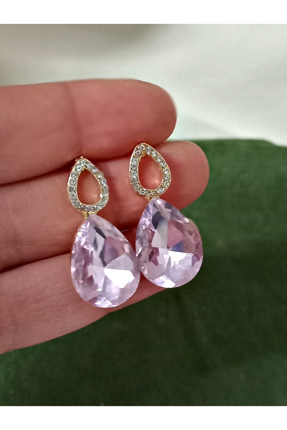 Pembe Taşlı Damla Gold Kadın Küpe