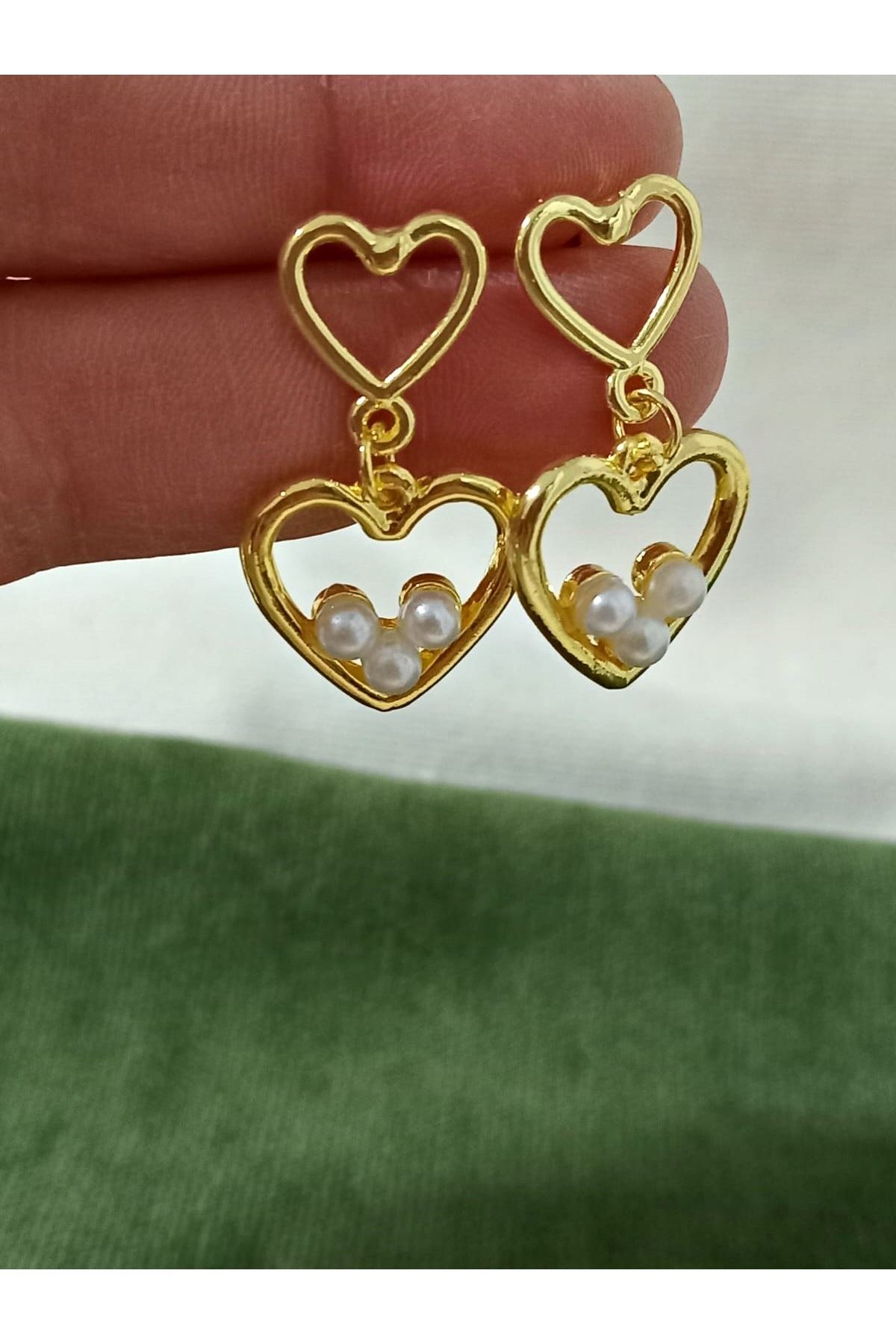 Çelik Gold İncili Kalp Aşk Love Kadın Küpe