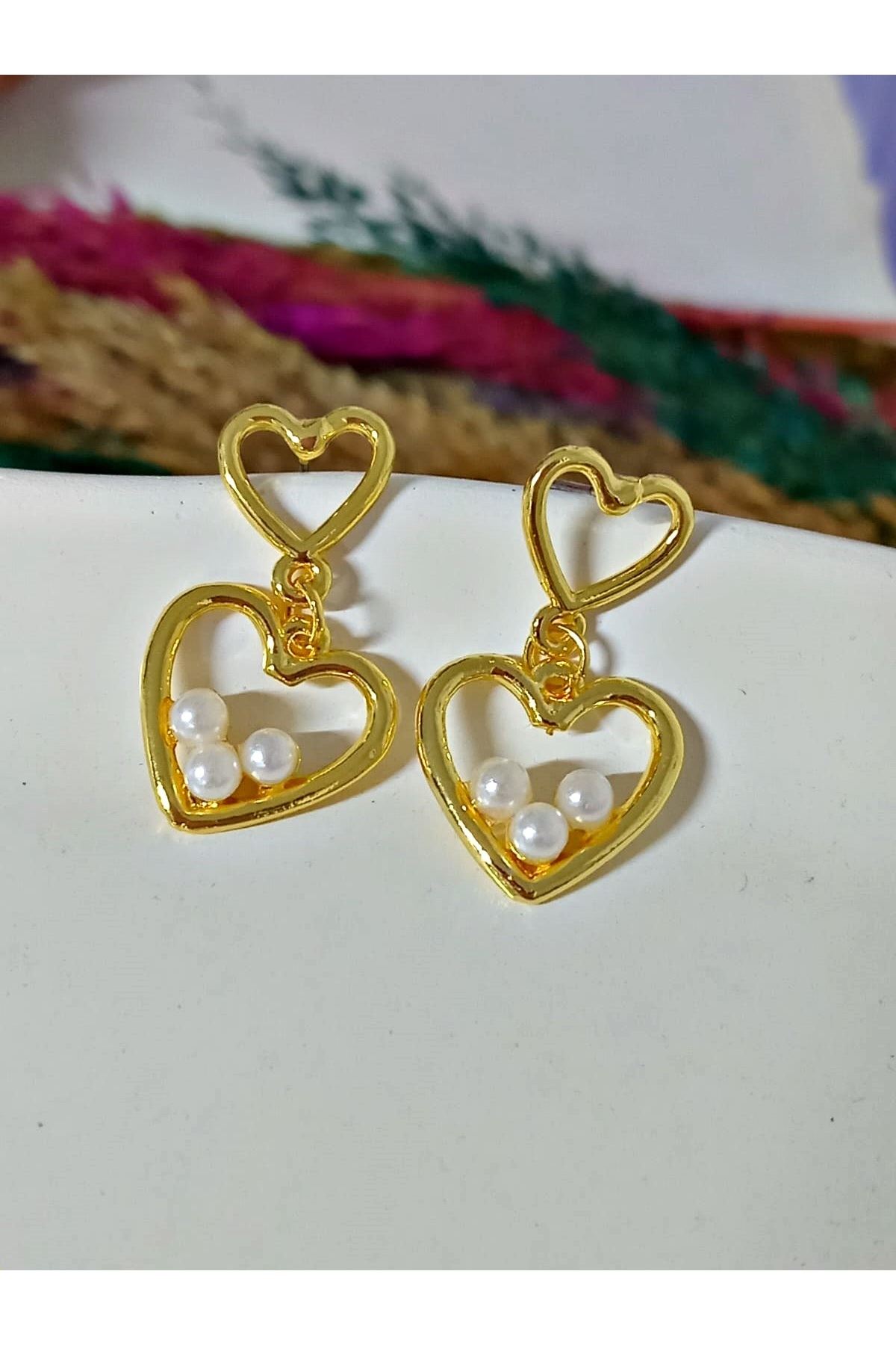 Çelik Gold İncili Kalp Aşk Love Kadın Küpe