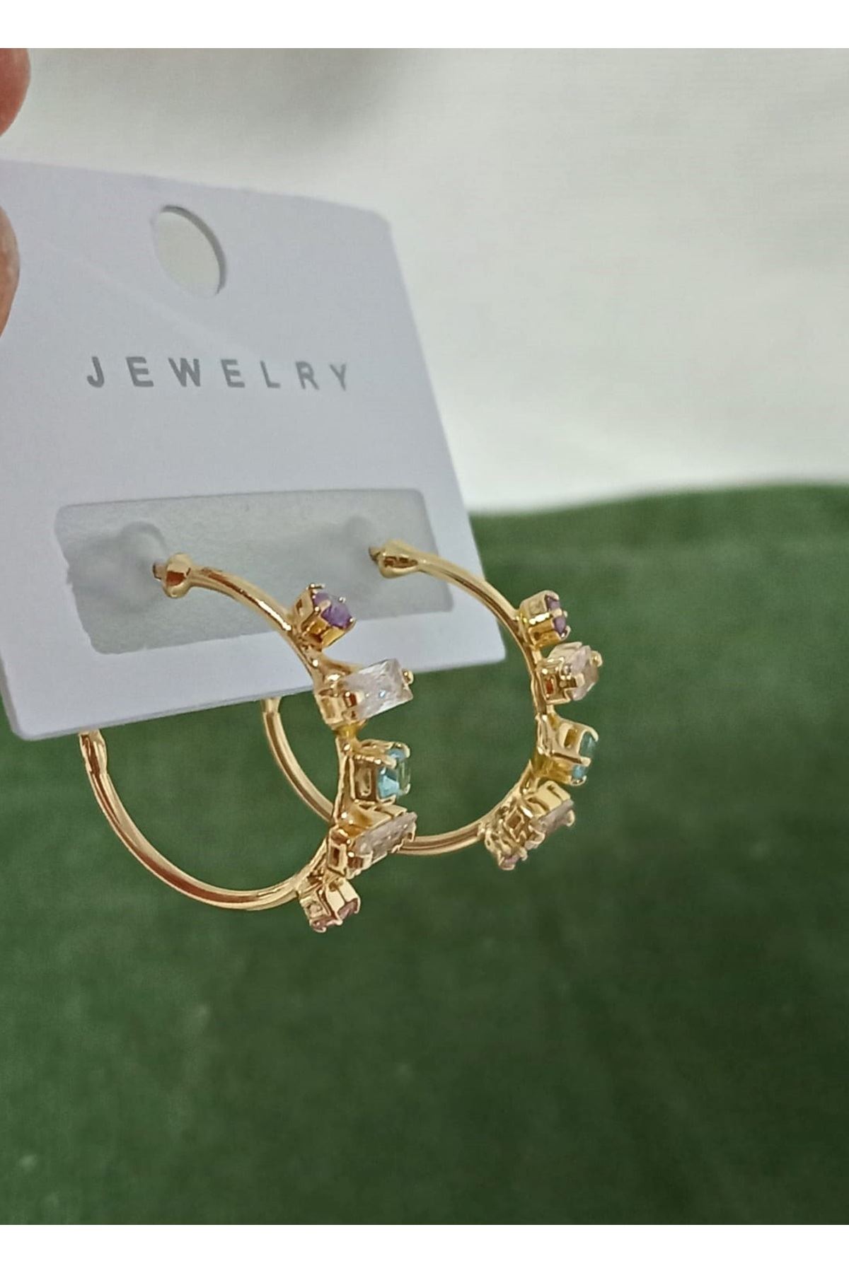 Gold  Taşlı  Halka Hafif  Kadın Küpe