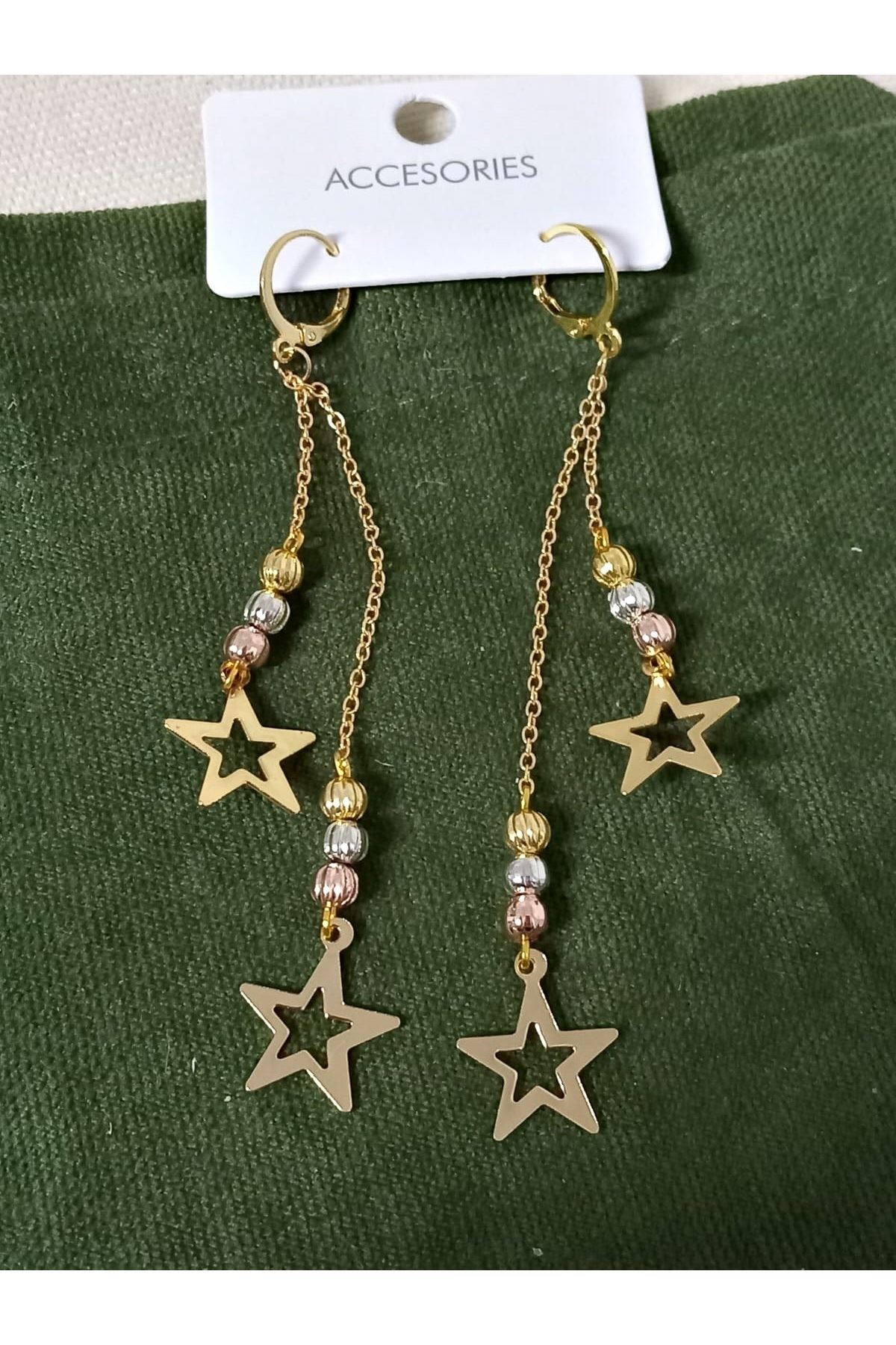 Gold-Gümüş-Bronz  Yıldız Sallantılı Uzun Şık Kadın Küpe,3 Renkli