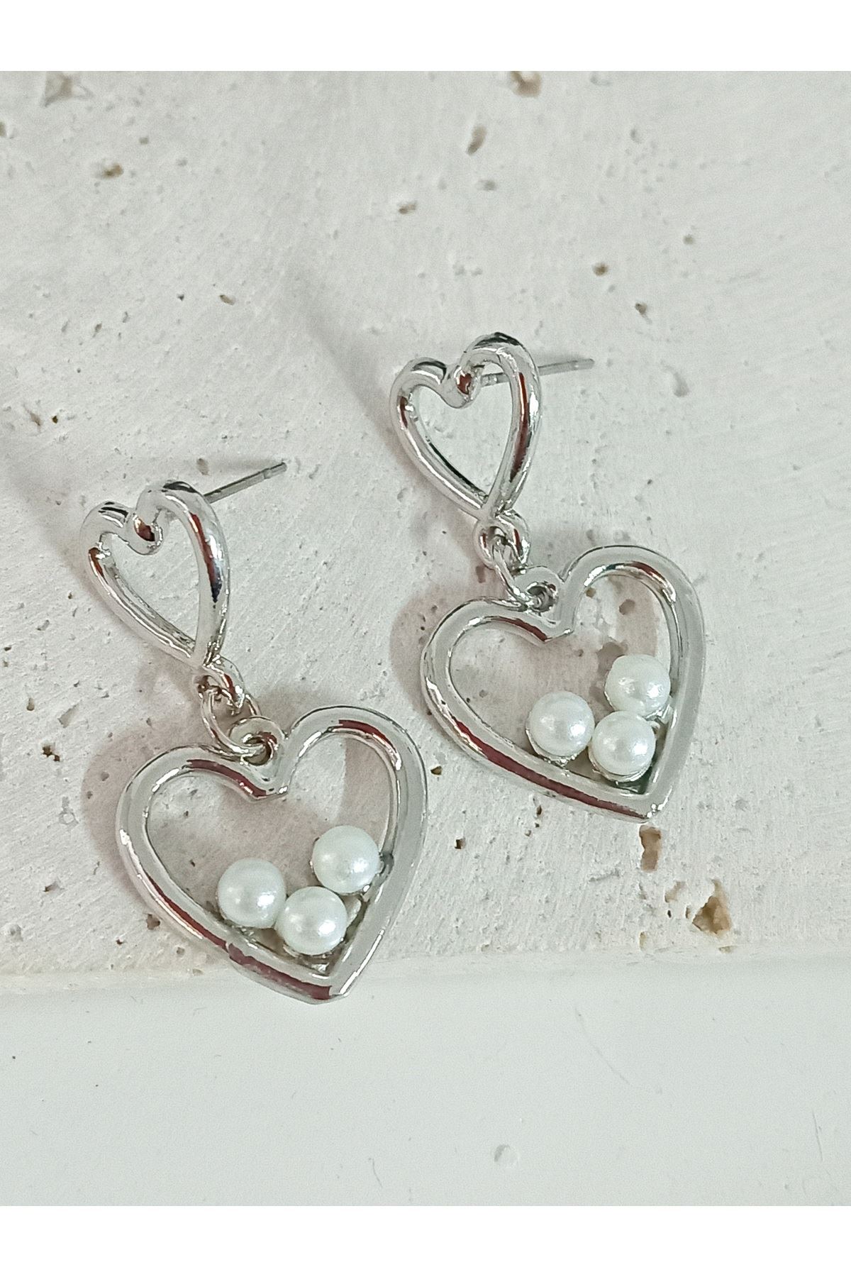 Gümüş İncili Kalp Aşk Love Kadın Küpe