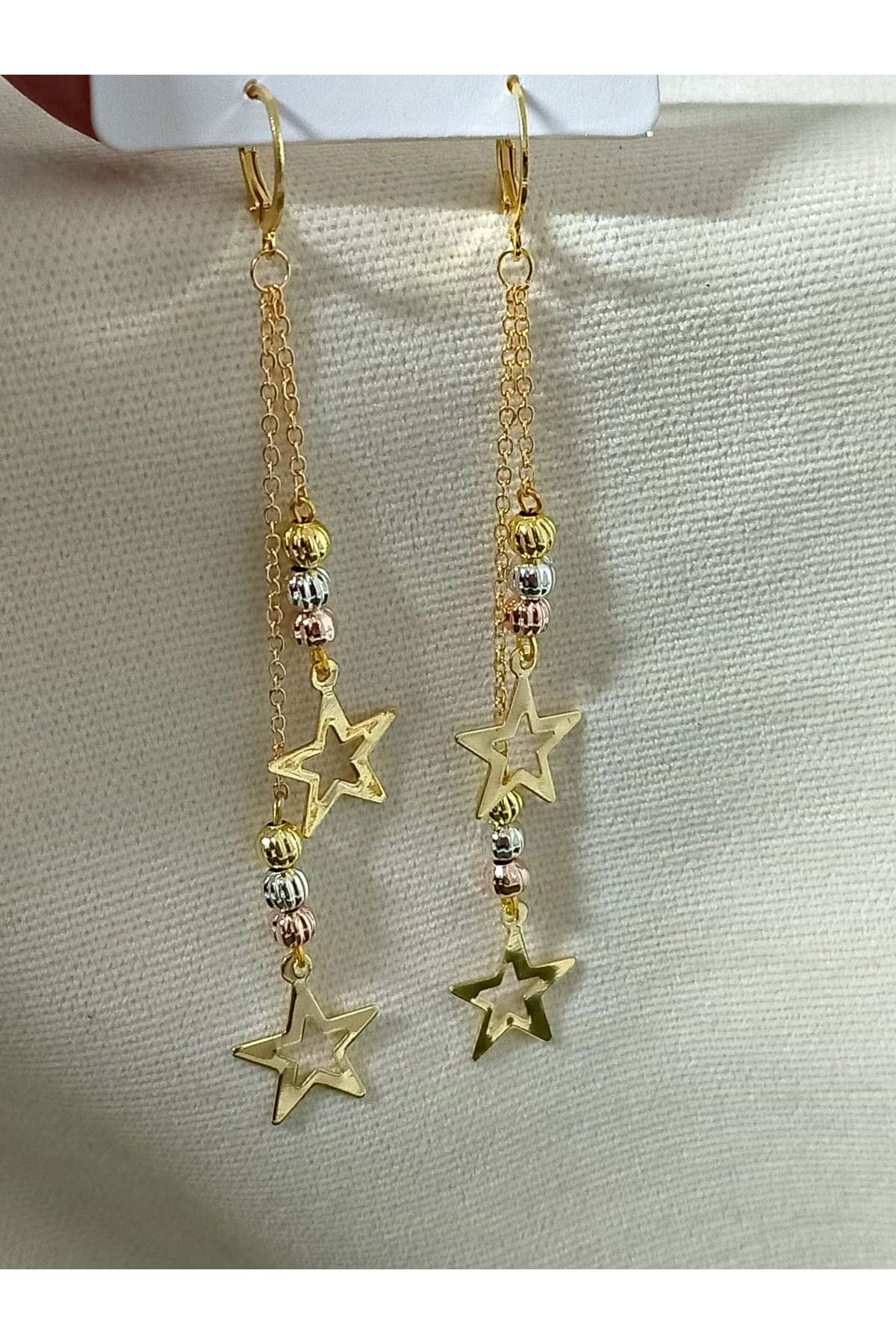 Gold-Gümüş-Bronz  Yıldız Sallantılı Uzun Şık Kadın Küpe,3 Renkli