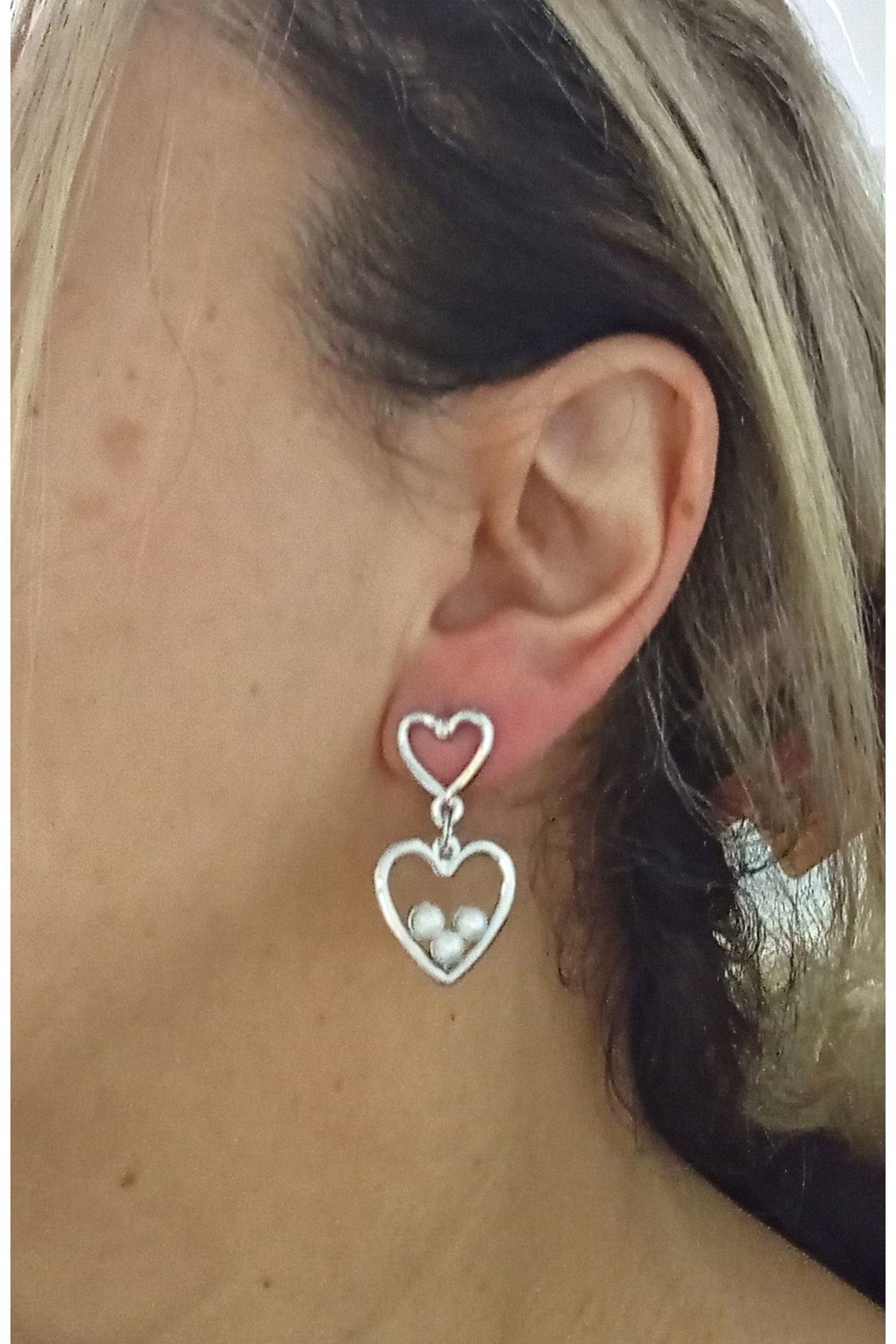 Gümüş İncili Kalp Aşk Love Kadın Küpe
