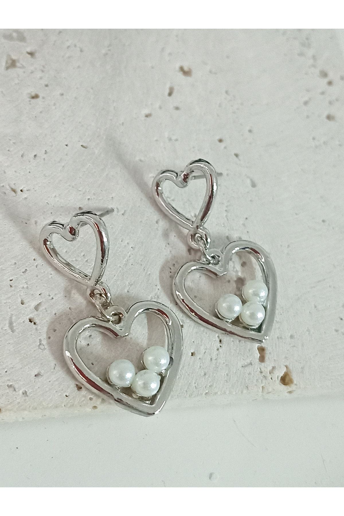 Gümüş İncili Kalp Aşk Love Kadın Küpe
