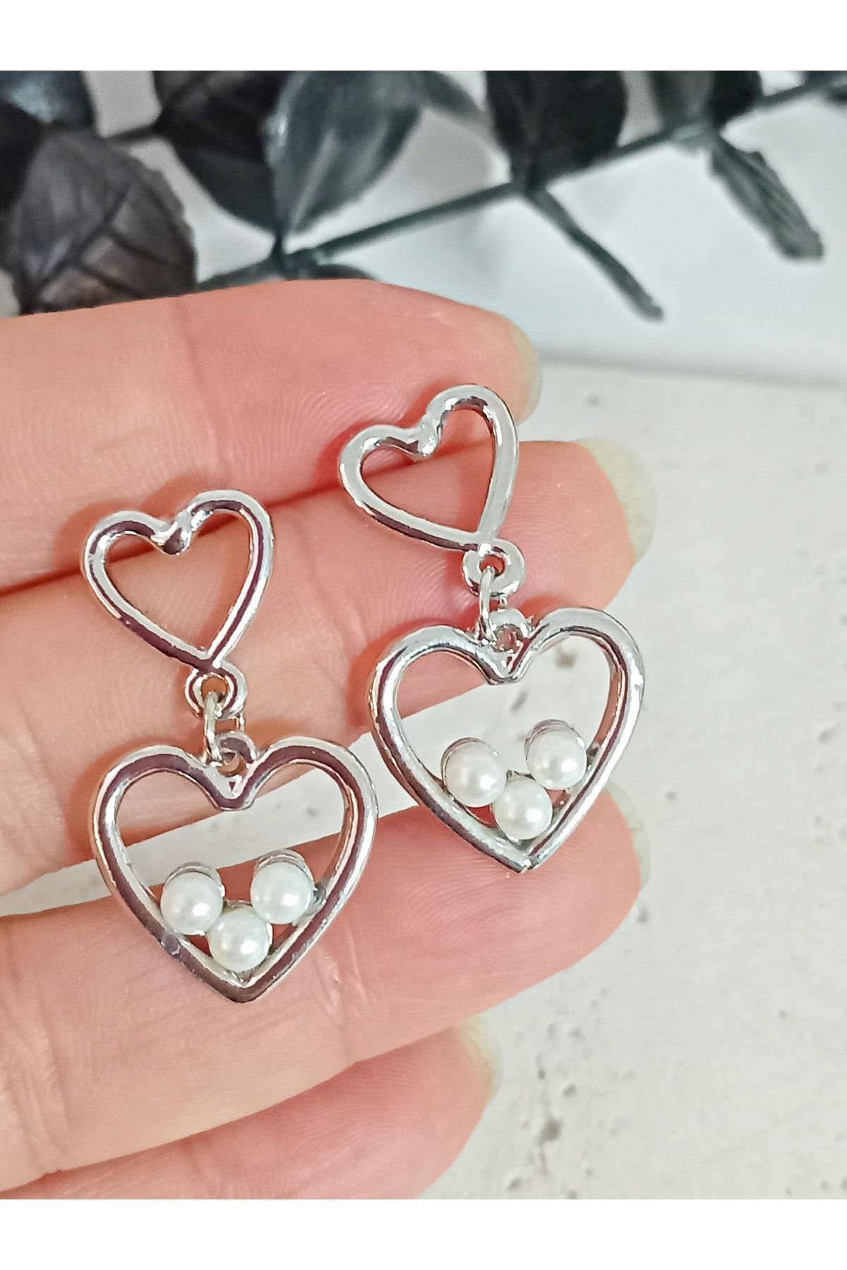 Gümüş İncili Kalp Aşk Love Kadın Küpe