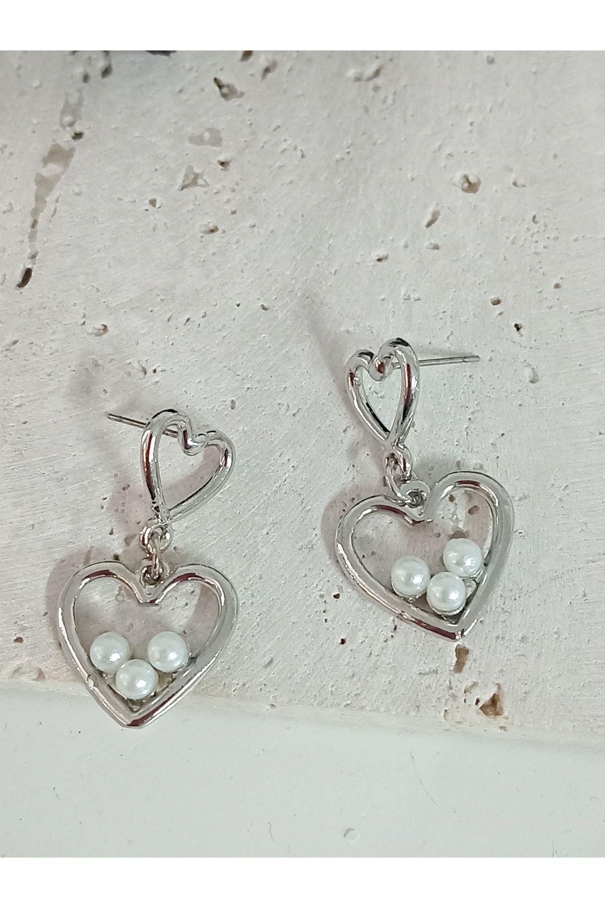 Gümüş İncili Kalp Aşk Love Kadın Küpe