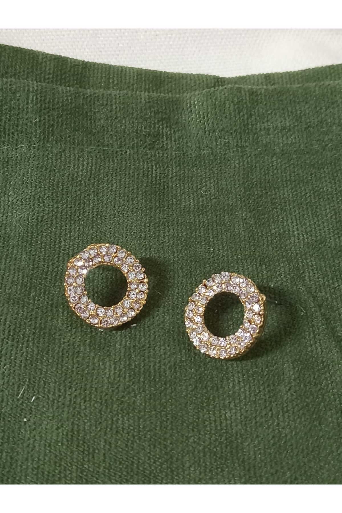 Gold Taşlı Yuvarlak Şık Kadın Küpe