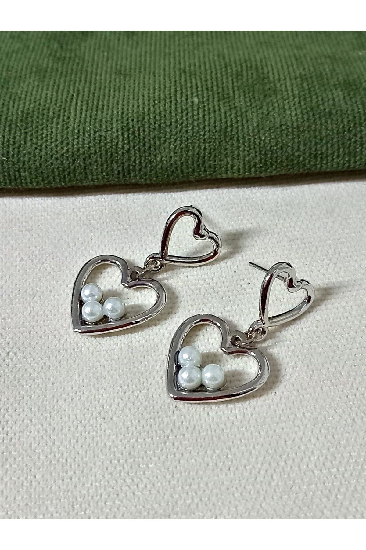 Gümüş İncili Kalp Aşk Love Kadın Küpe