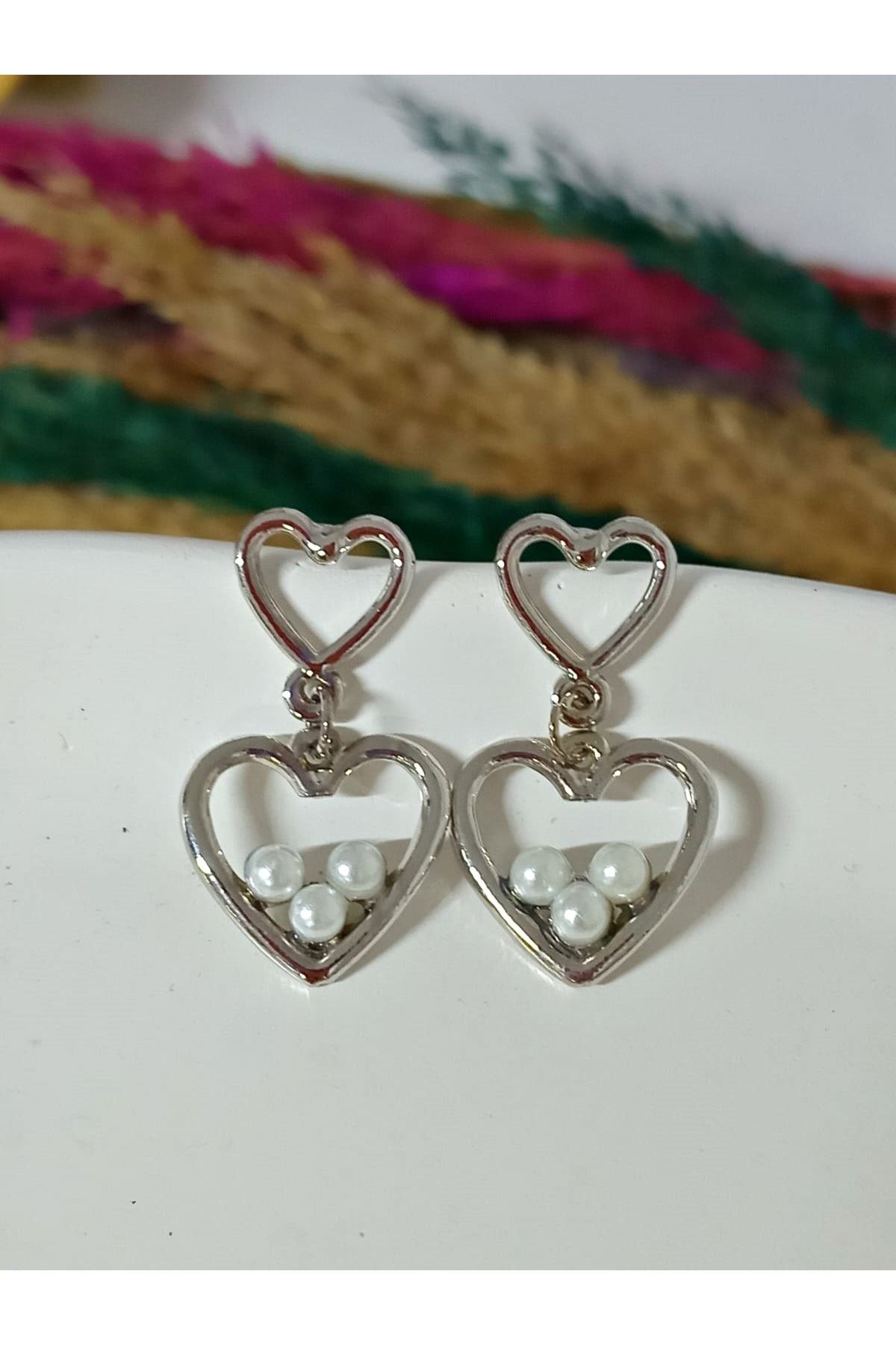 Gümüş İncili Kalp Aşk Love Kadın Küpe