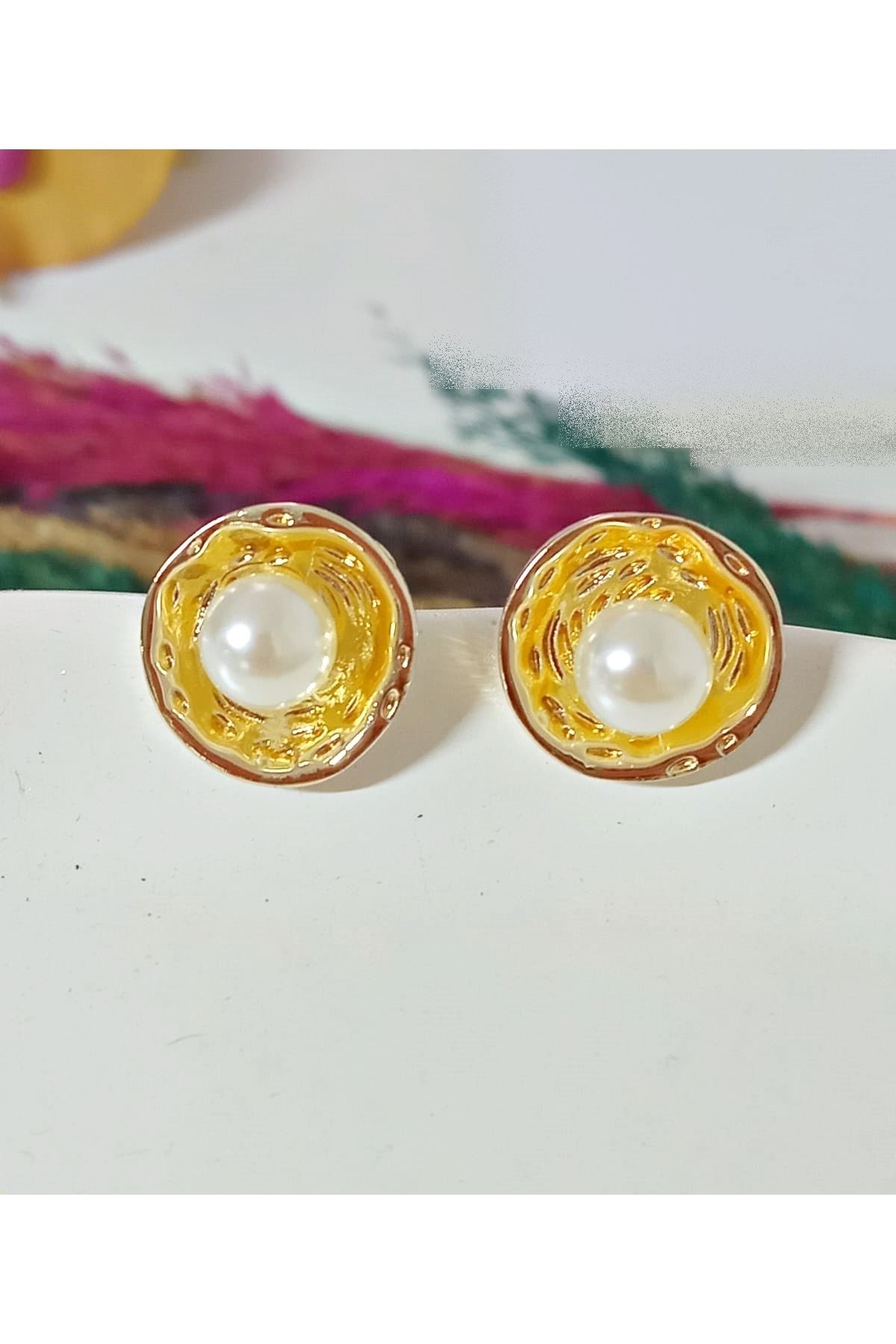 Çelik Gold Ortası İnci Şık  Kadın Küpe