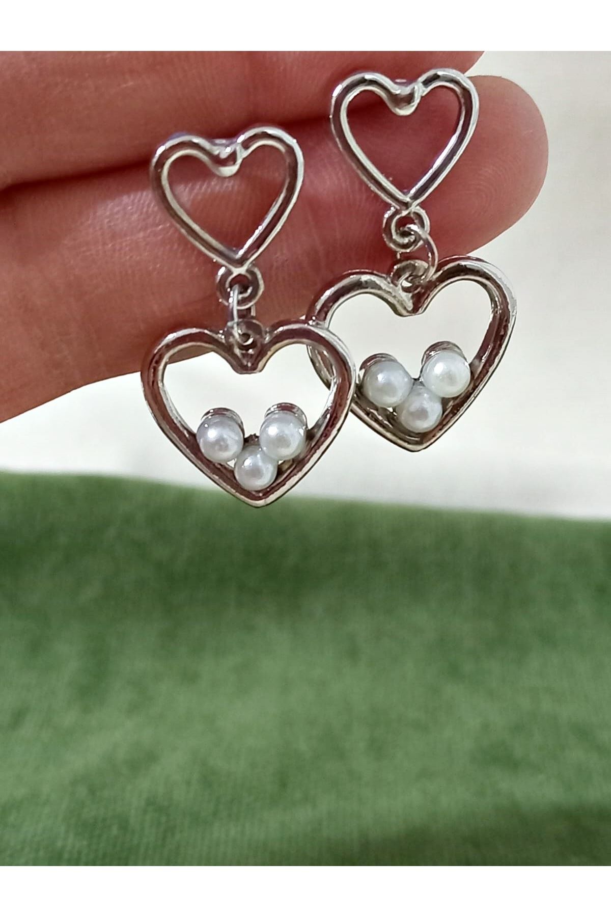 Gümüş İncili Kalp Aşk Love Kadın Küpe