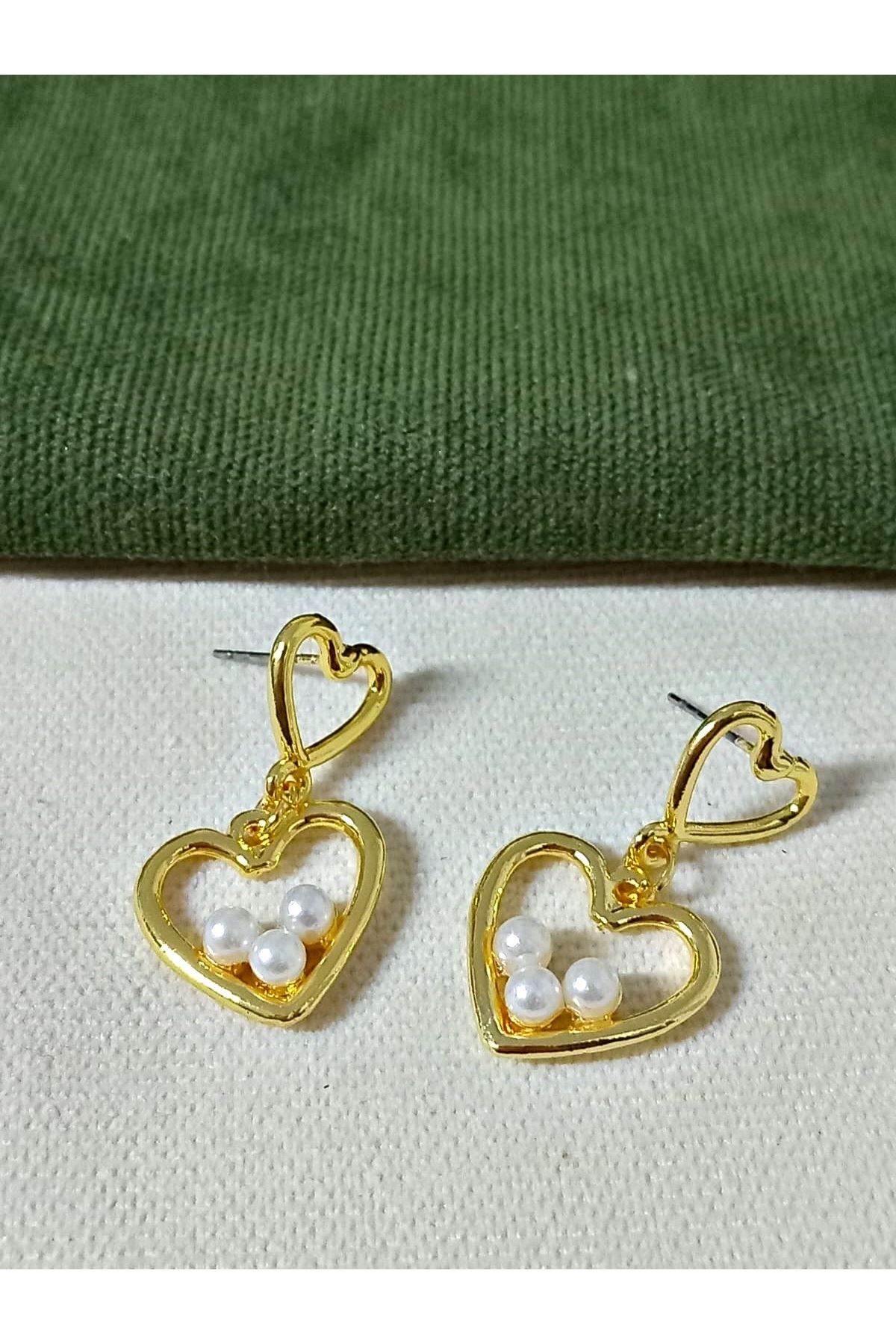 Çelik Gold İncili Kalp Aşk Love Kadın Küpe