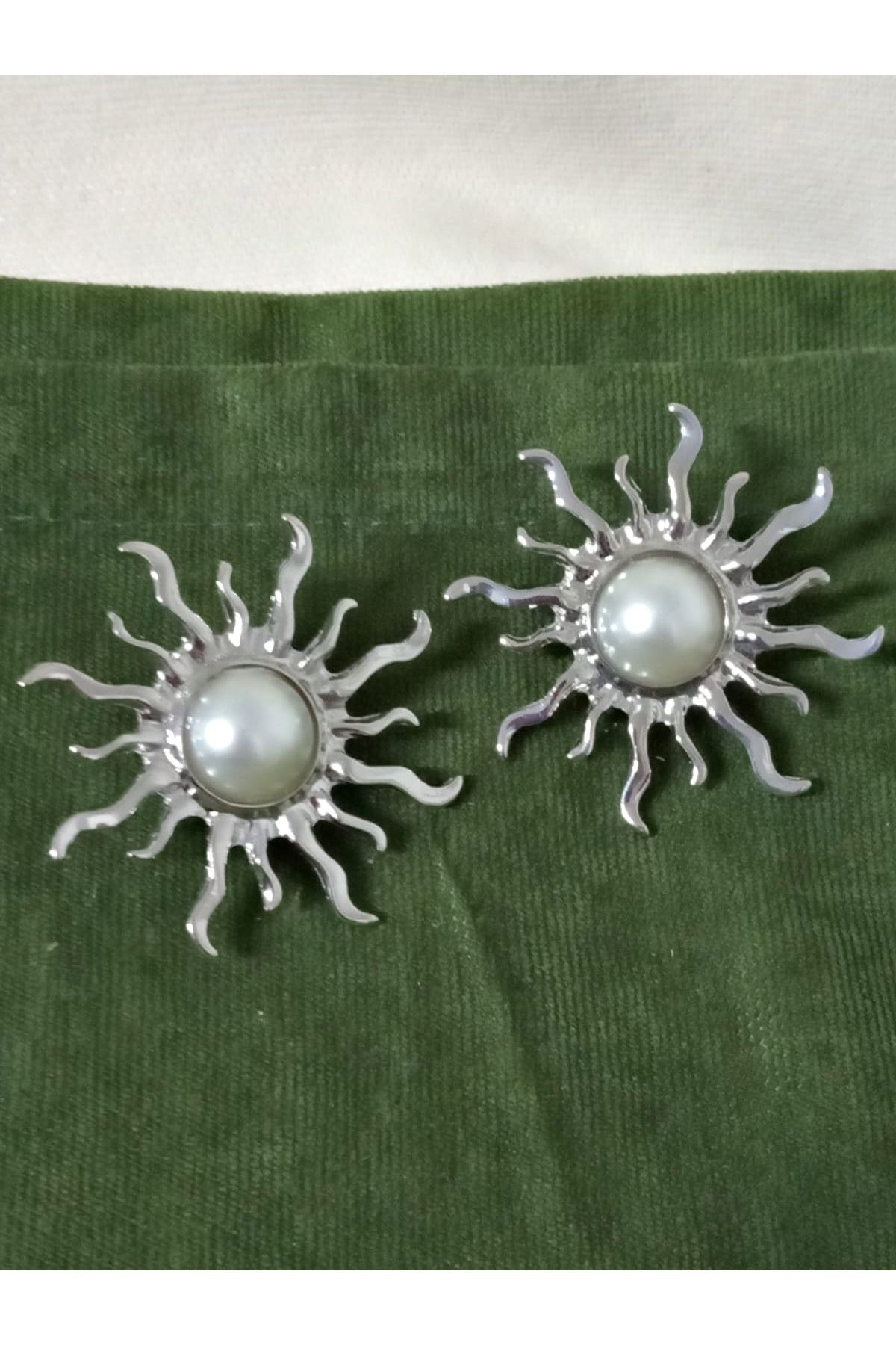 Gümüş Ortası incili Güneş Form Şık Kadın Küpe