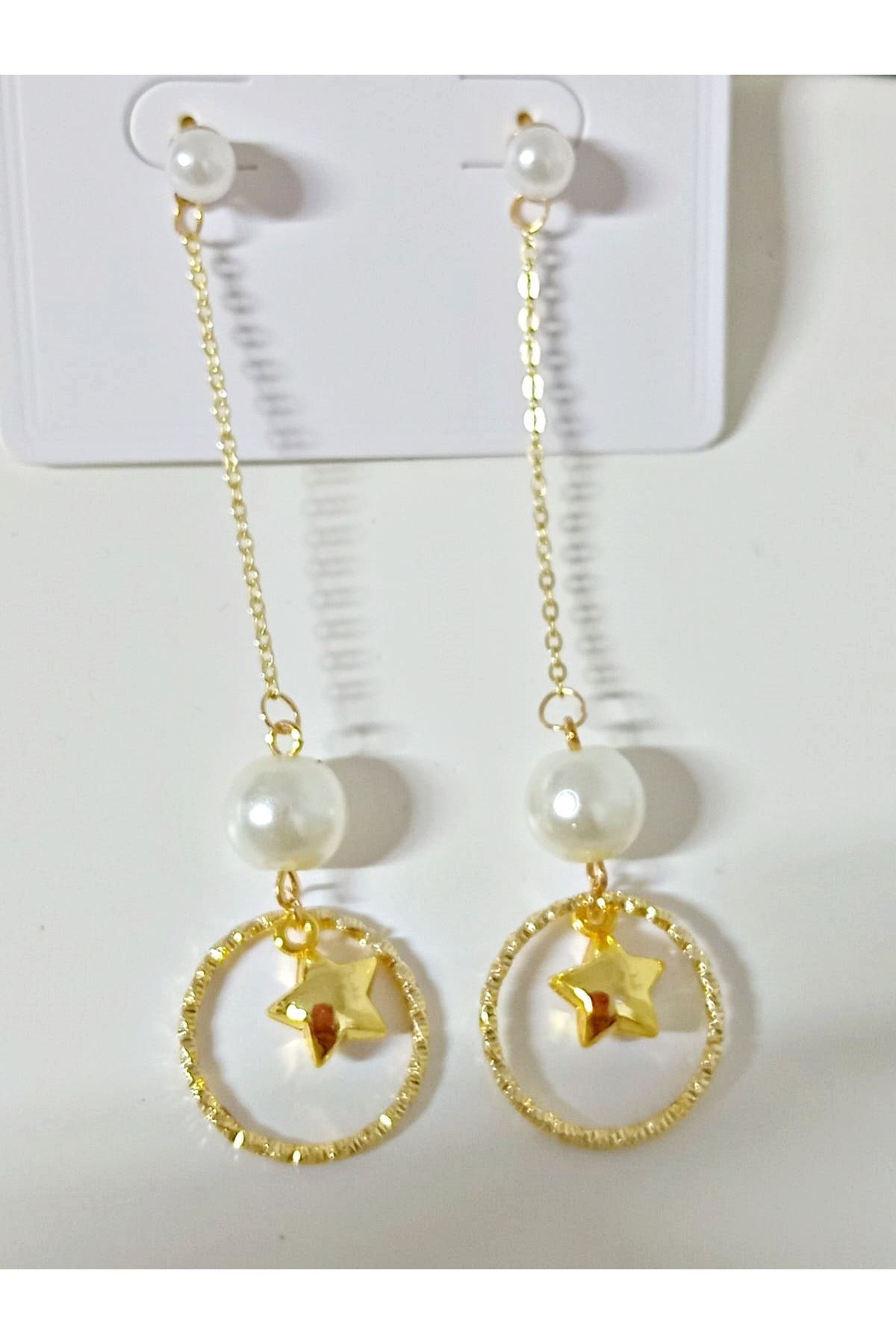 Gold, İnci Yıldız Sallantılı Hafif Şık Kadın Küpe