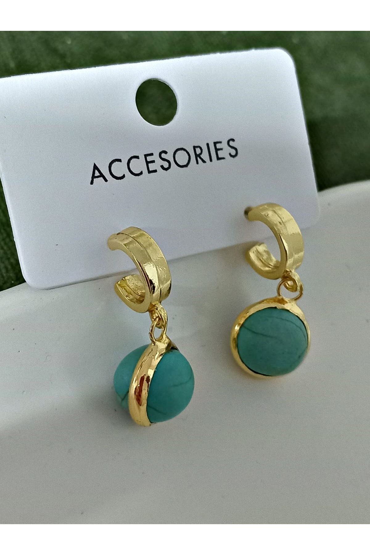Mavi Top Sallantılı Gold Kadın Küpe