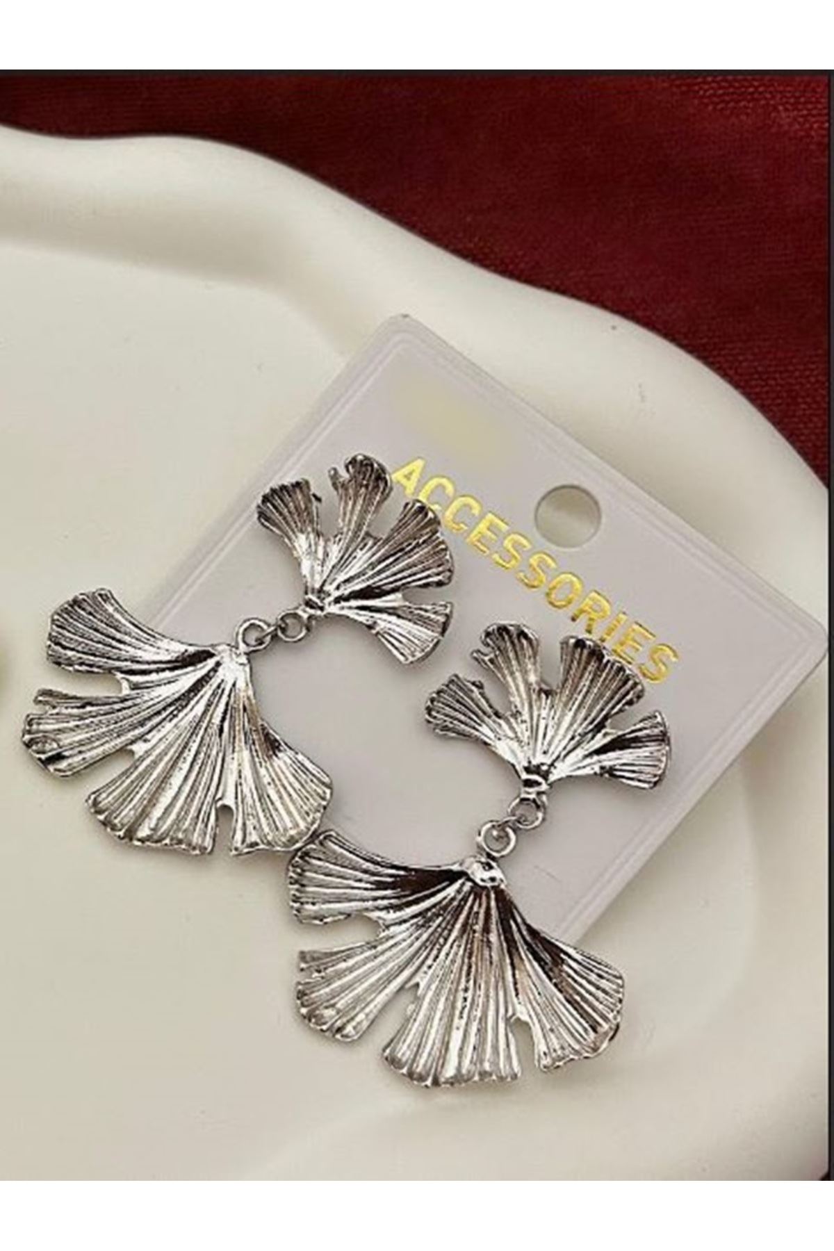 Gümüş Gingko Yaprak Sallantılı Kadın Küpe -Vintage Büyük
