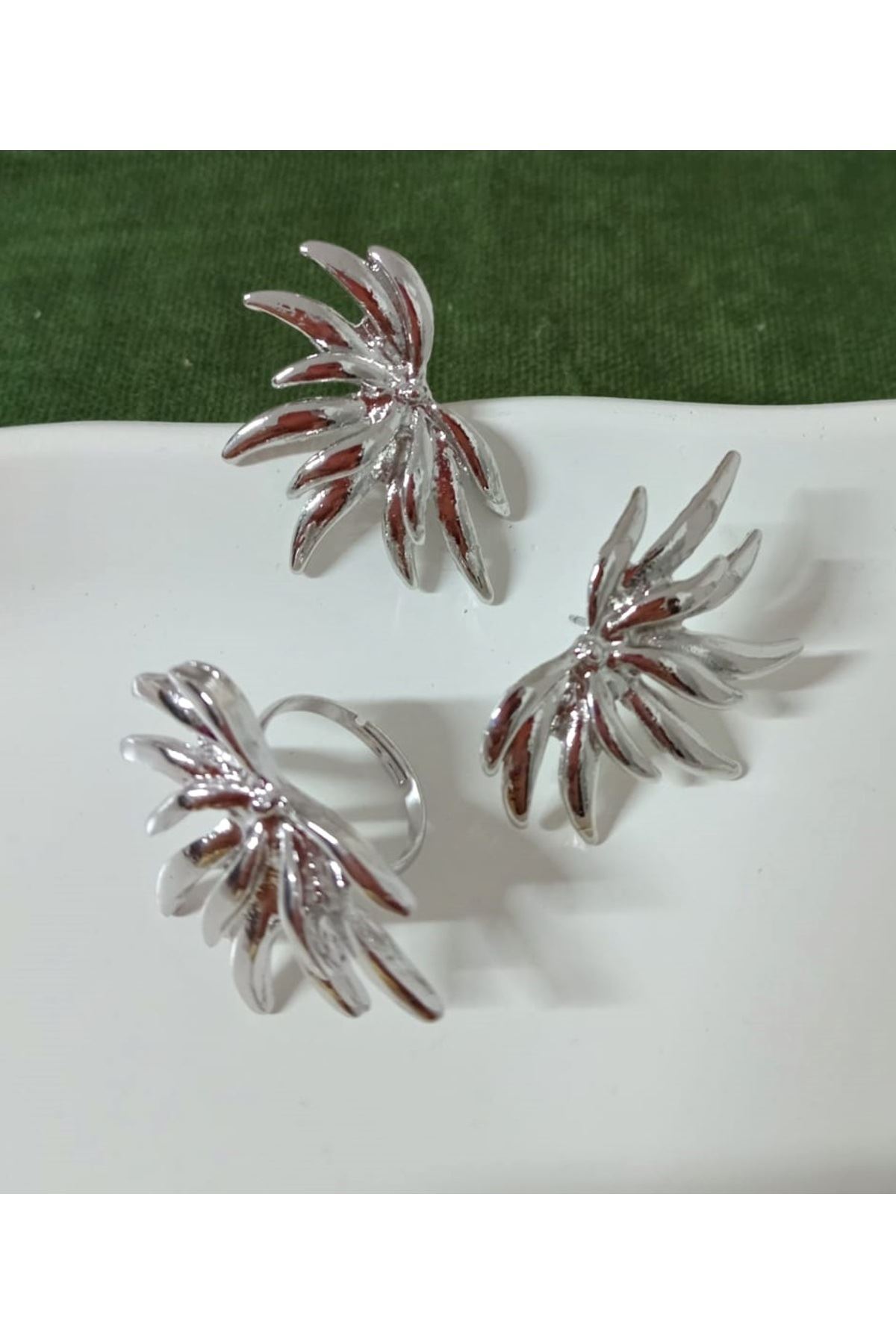 3 Parça, Kanat Model Ayarlanabilir Çelik Yüzük ve Küpe Seti-Gümüş