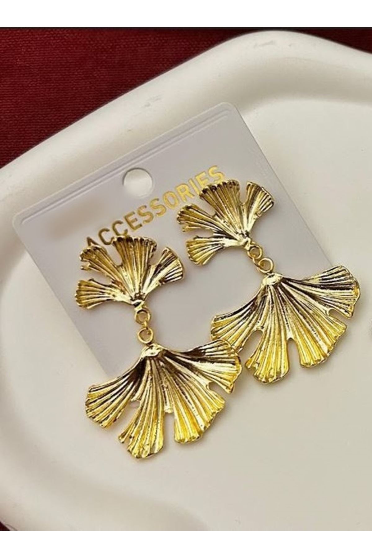 Gold Gingko Yaprak Sallantılı Kadın Küpe -Vintage Büyük