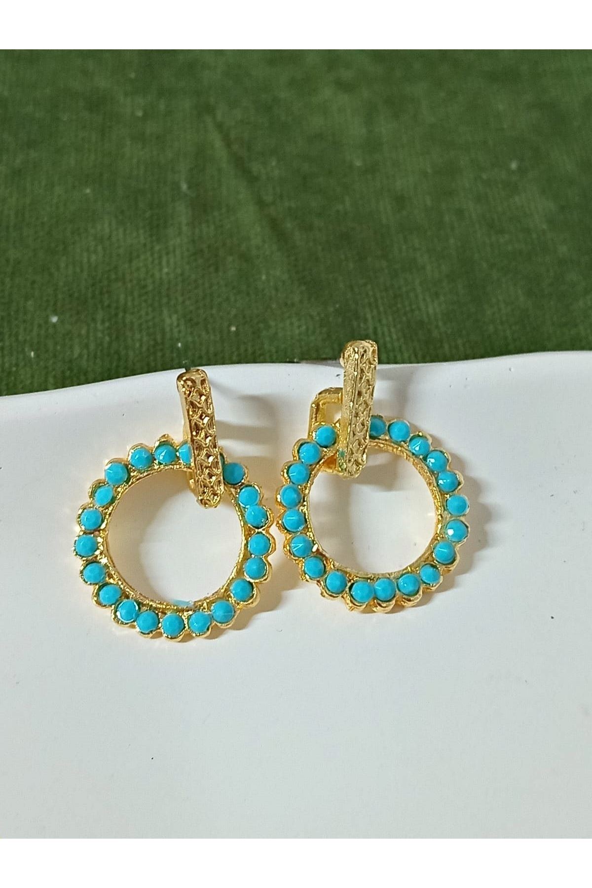 Gold Mavi Boncuklu Şık Kadın Küpe