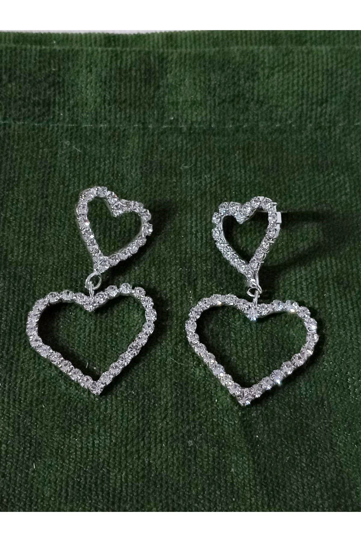Taşlı Çift Kalp Şık Kadın Küpe
