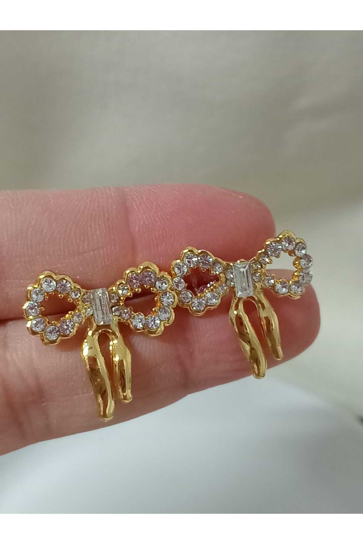 Gold Taşlı Küçük Fiyonk Şık Kadın Küpe