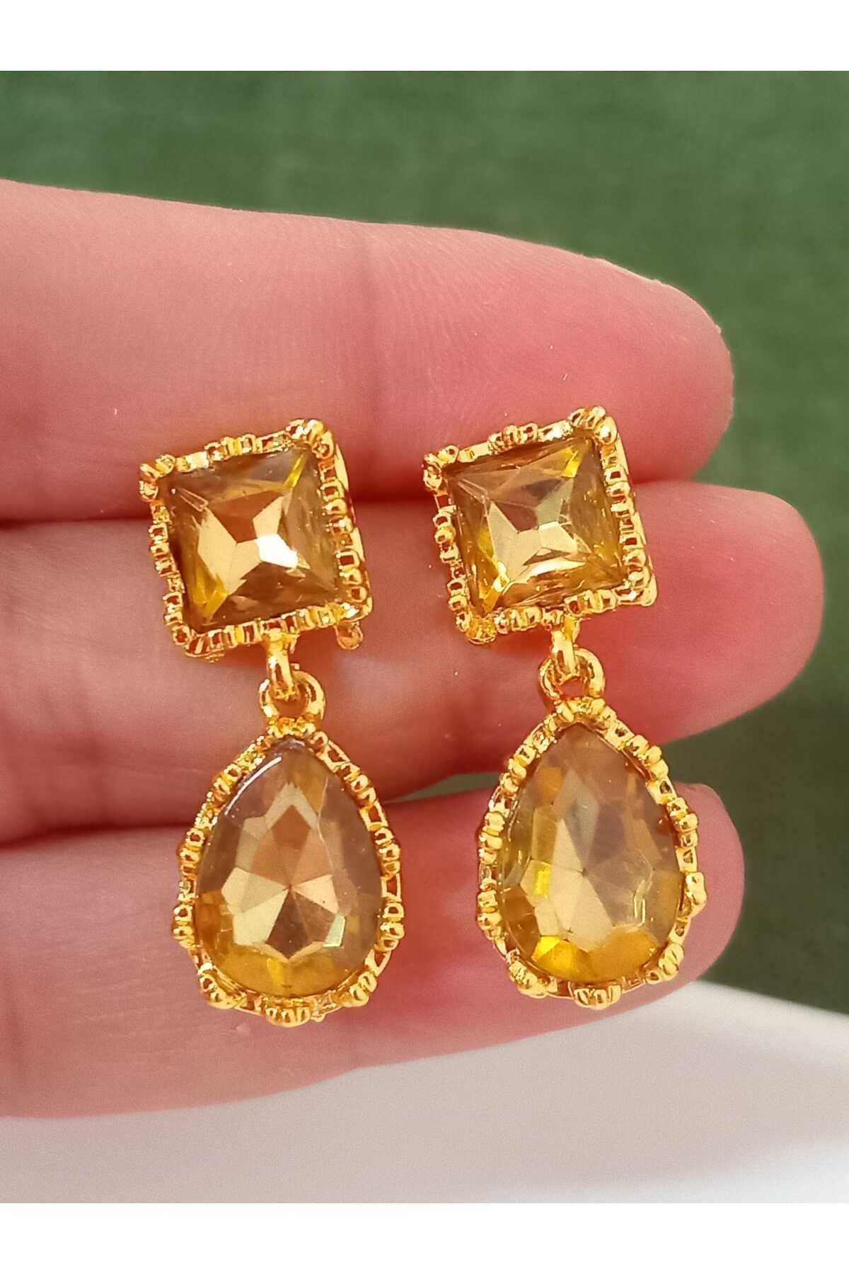 Bal Rengi Taşlı Gold Kadın Küpe