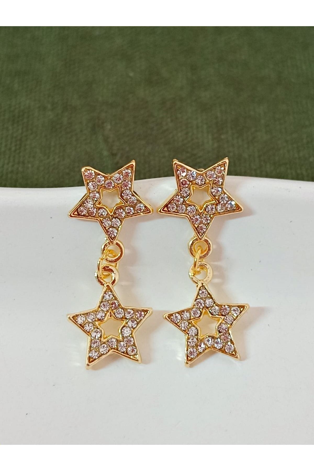 Gold Taşlı Çift Yıldız Hafif Kadın Küpe