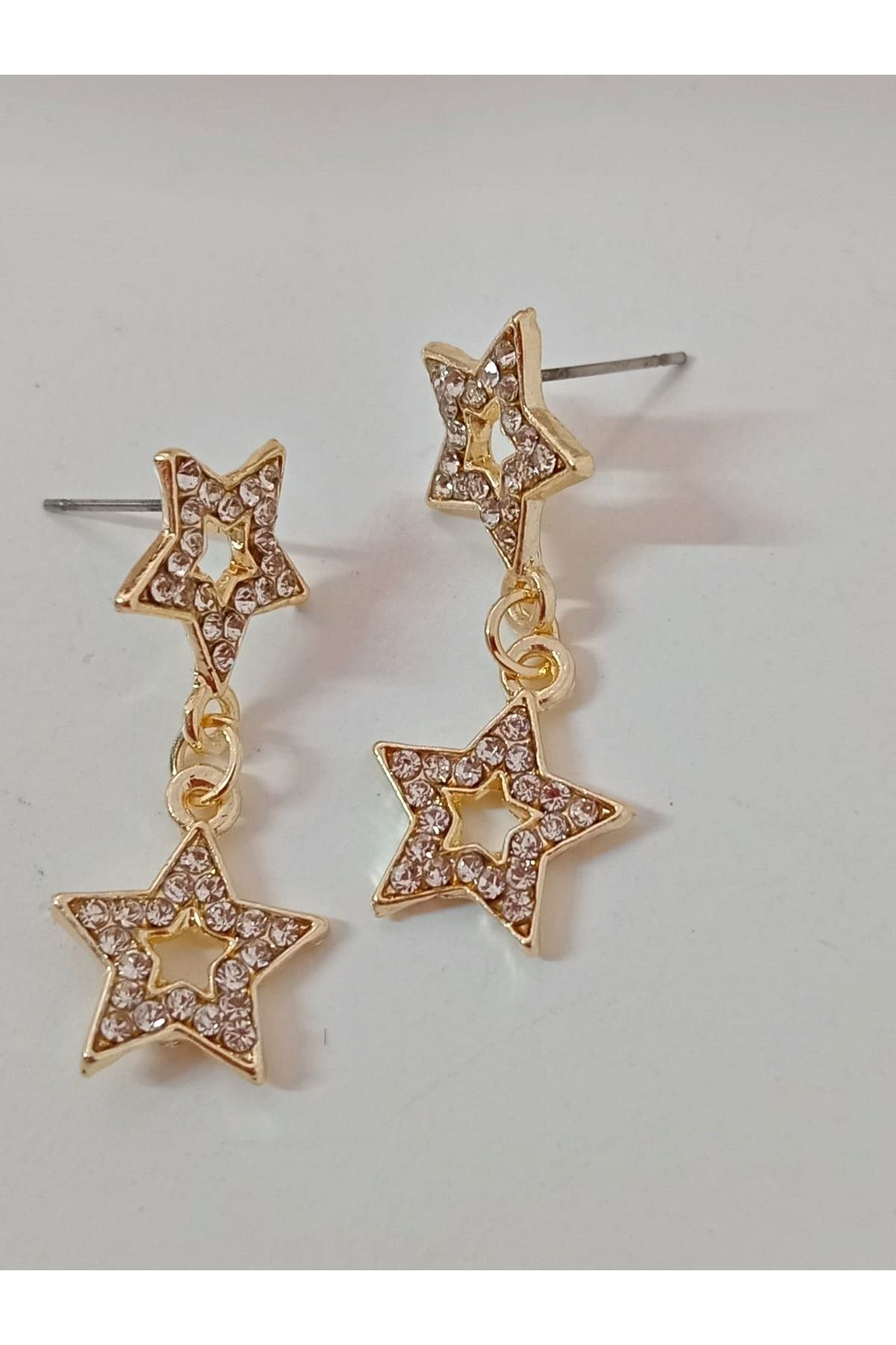Gold Taşlı Çift Yıldız Hafif Kadın Küpe