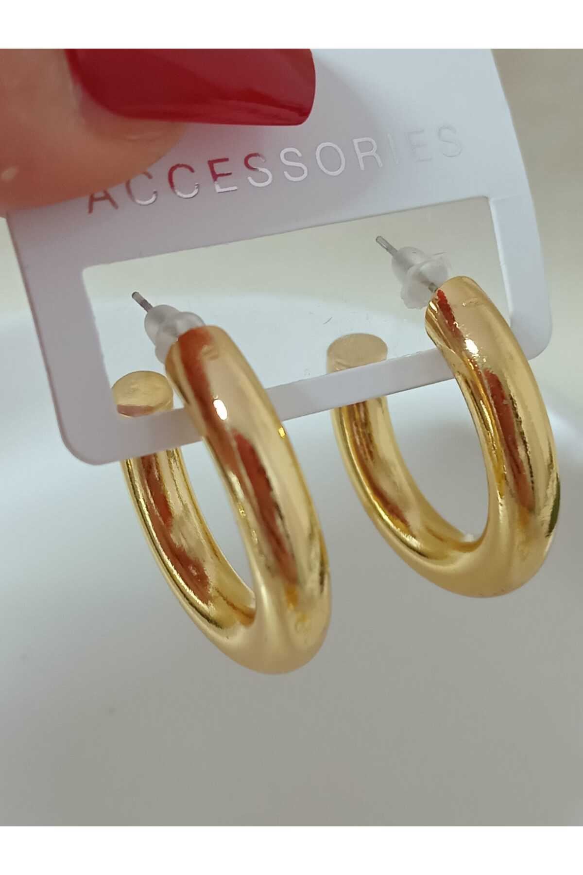 Gold Kalın Boru Halka (3cm) Şık Kadın Küpe,
