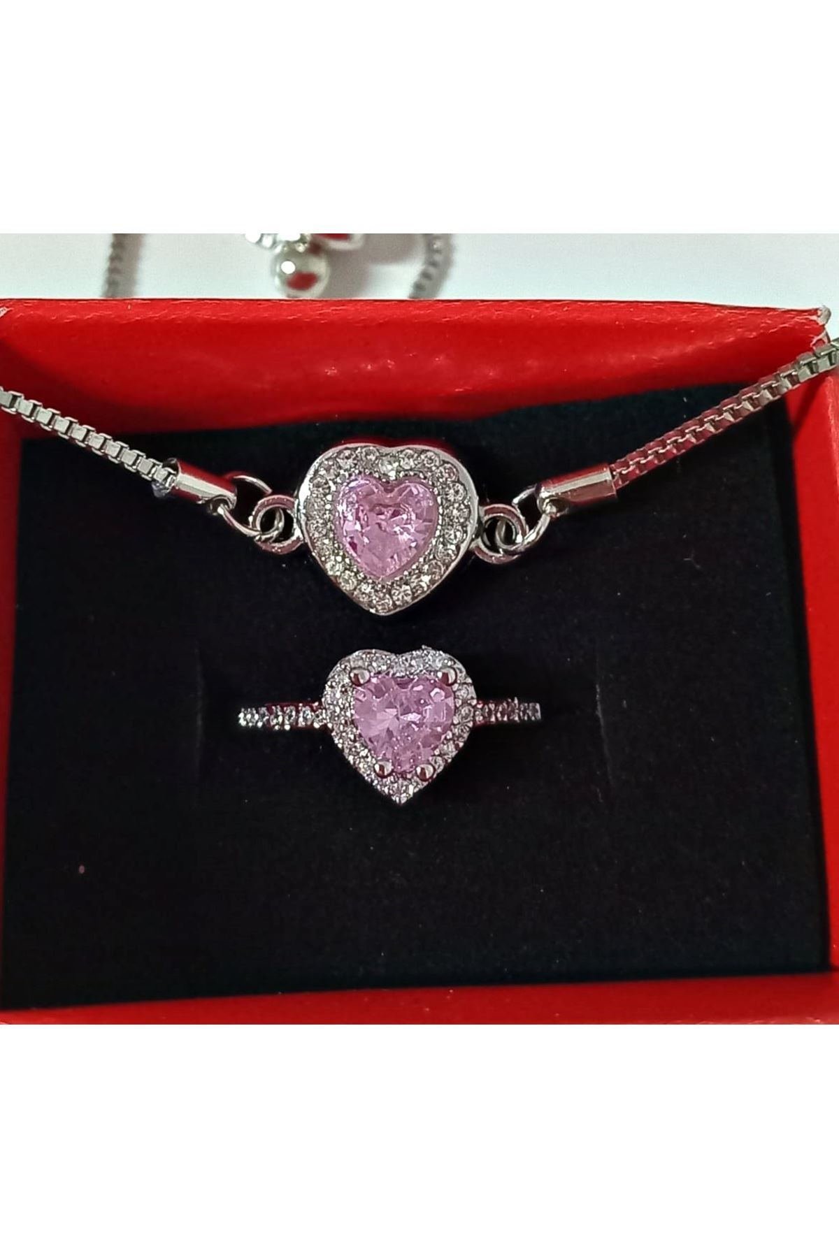 Pembe Taşlı Kalp Asansörlü Bileklik Ve Yüzük Seti