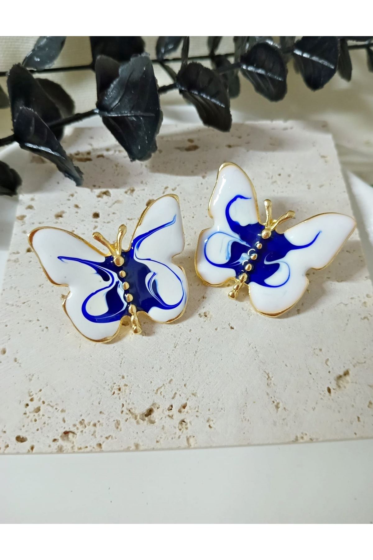 Gold Lacivert Beyaz Kelebek Şık Kadın Küpe