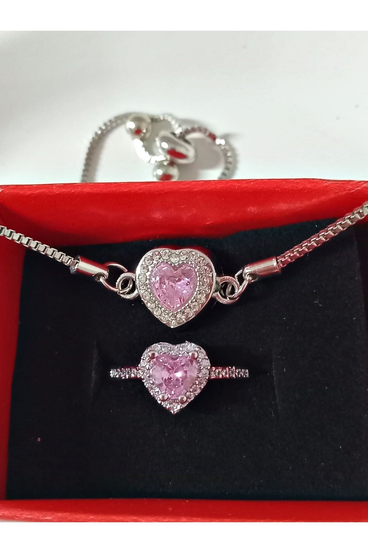 Pembe Taşlı Kalp Asansörlü Bileklik Ve Yüzük Seti