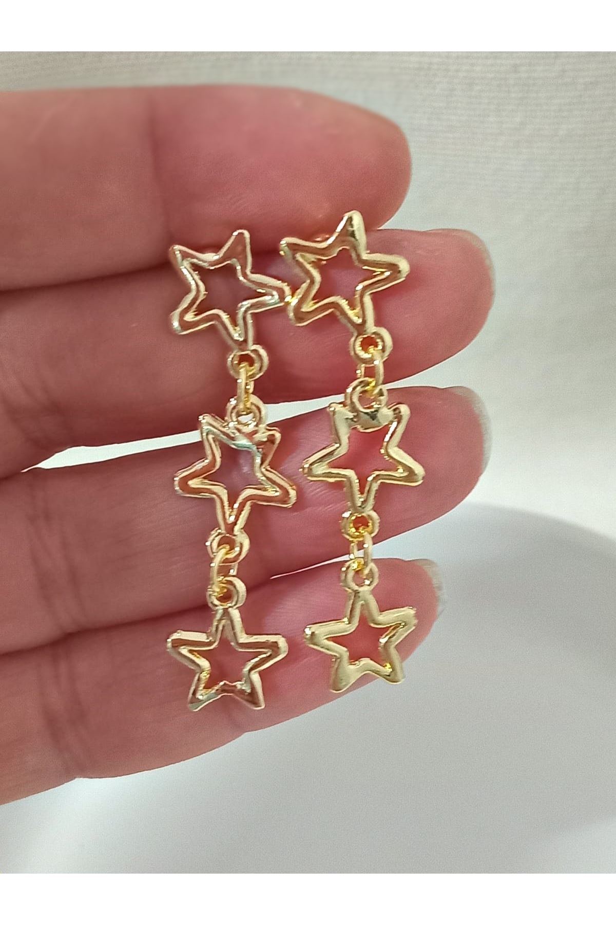 Gold Üç Sıralı Yıldız Şık Kadın Küpe