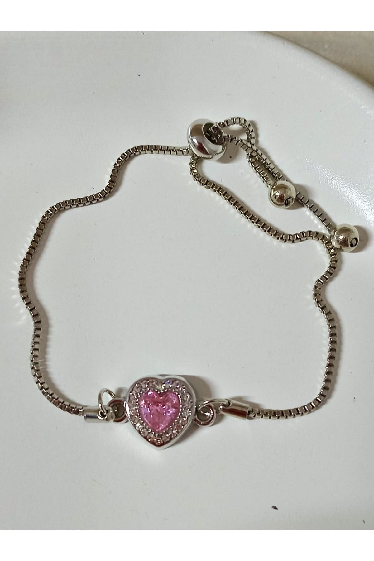 Pembe Taşlı Kalp Asansörlü Bileklik Ve Yüzük Seti